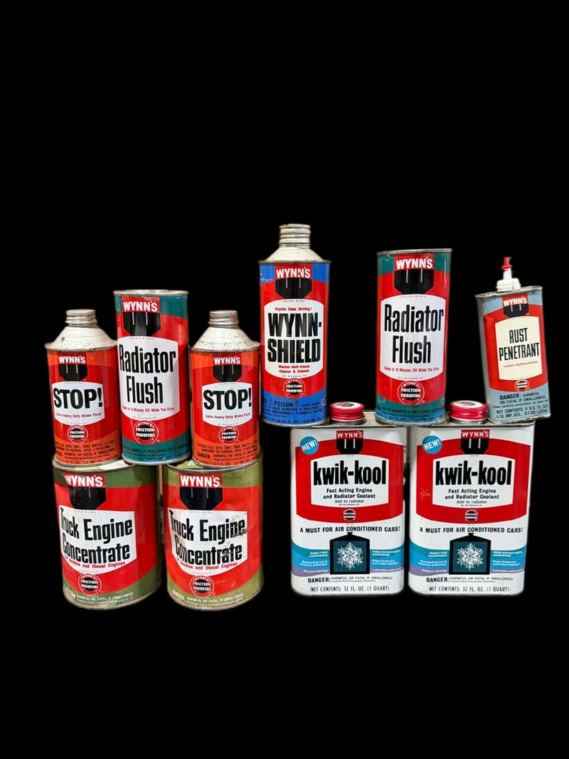 Wynn's Radiator Flush Stop Engine Kwik Kool Oil Cans: Mixed offering of cans. " H. All items are eligible for free delivery to Rustbelt Americana in East Moline, IL on 8/6-7 or other shows that Richmond Auctions attends. Size " H Medium Metal