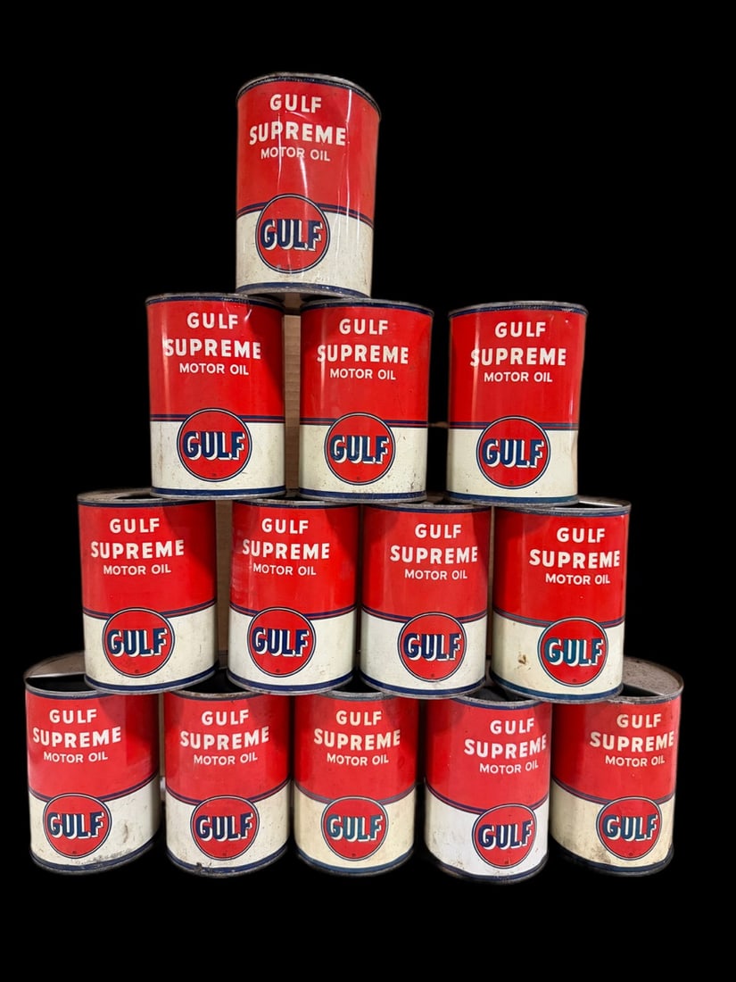 13 Gulf Supreme Motor Oil Cans: All empty. " H. All items are eligible for free delivery to Rustbelt Americana in East Moline, IL on 8/6-7 or other shows that Richmond Auctions attends. Size " H Medium Metal