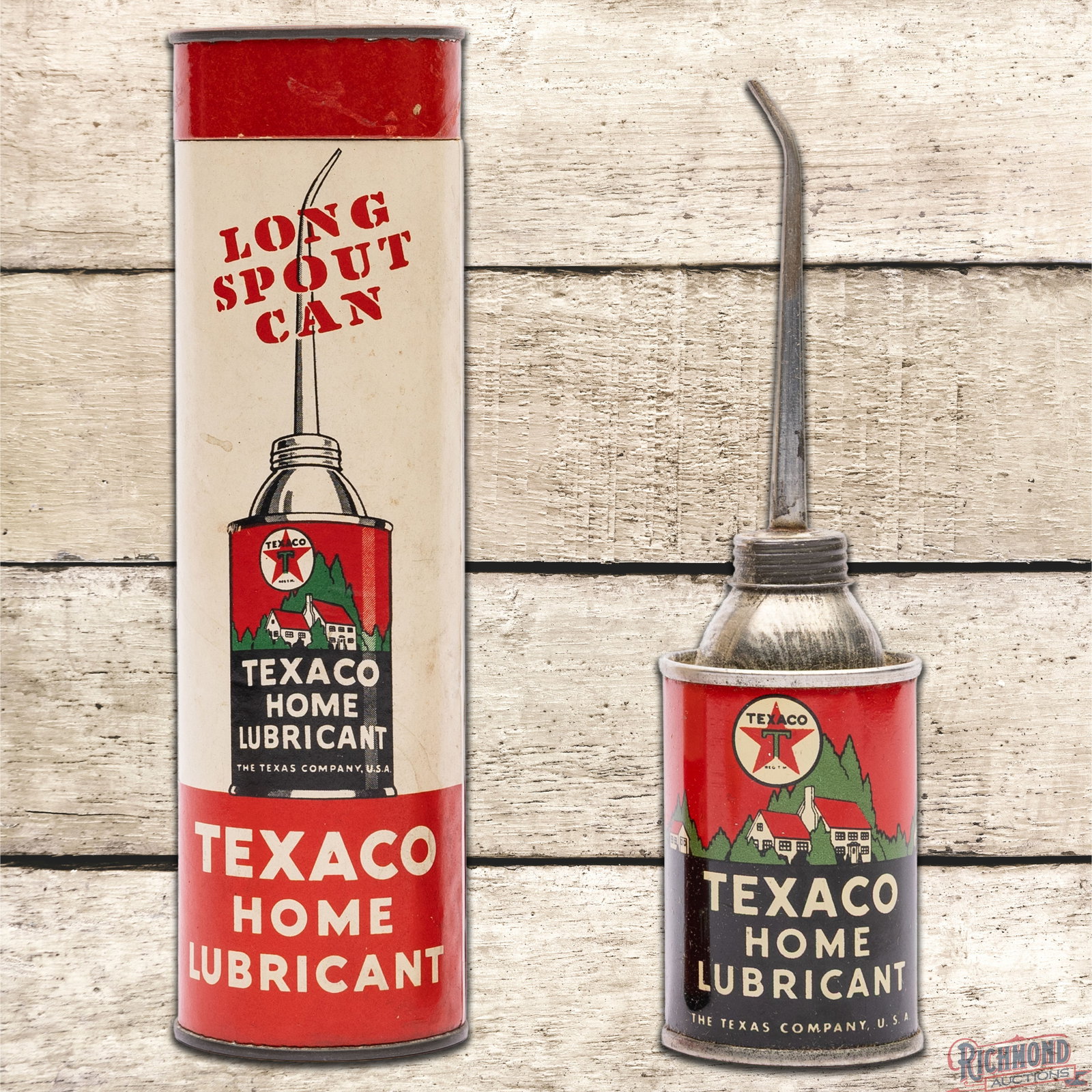 Texaco Home Lubricant "Long Spout" Empty 3 Ounce Metal Handy Oiler Can: Empty three ounce oiler with the original cardboard can sleeve has excellent color and shine. The can has a clean field and perimeter. The outer fields and edges have minor surface imperfections. The 