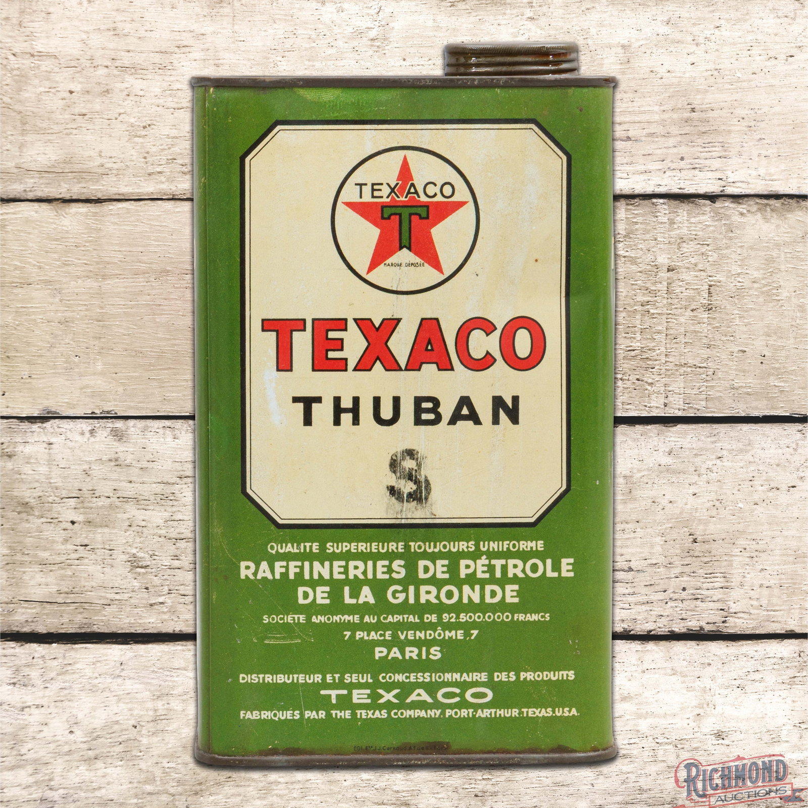 Texaco Thuban "S" Empty Metal Can "Black T Logo" Port Arthur Texas: Empty metal can has very good color and shine. The display has light wear with indentations along the perimeter. The left side of the can has dents and the reverse fine scratches in the lower fields w