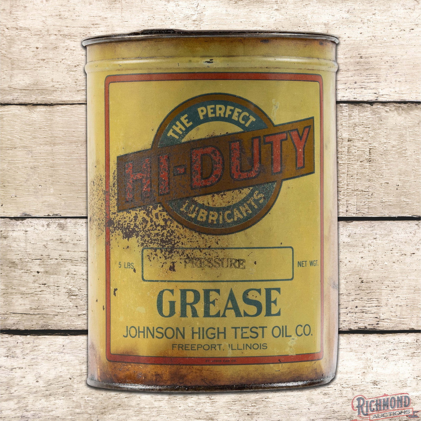 Johnson High Test Oil Co. Hi-Duty 5 Pound Metal Grease Can w/ Logo: Five pound metal grease can with the original lid has good color. The can has some product inside. The display has areas of paint loss with oxidation and a vertical line dent in the right field. The p