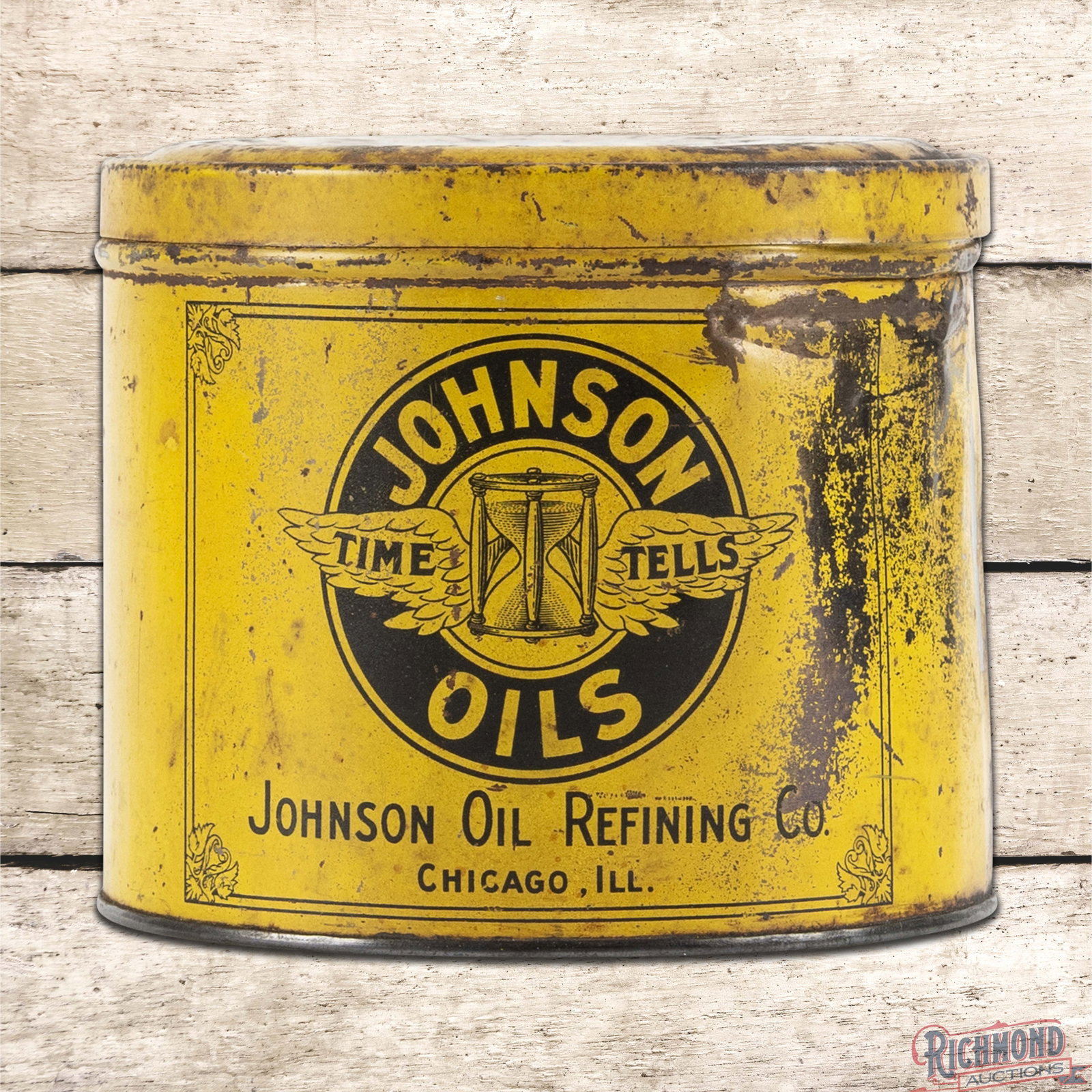 Early Johnson Oils Axle Grease 5 Pound Empty Metal Can w/ Logo: Empty metal can with the original lid has good color and moderate shine. The display has wear with areas of paint loss and dents along the right hand side and edge. The reverse has similar surface wea