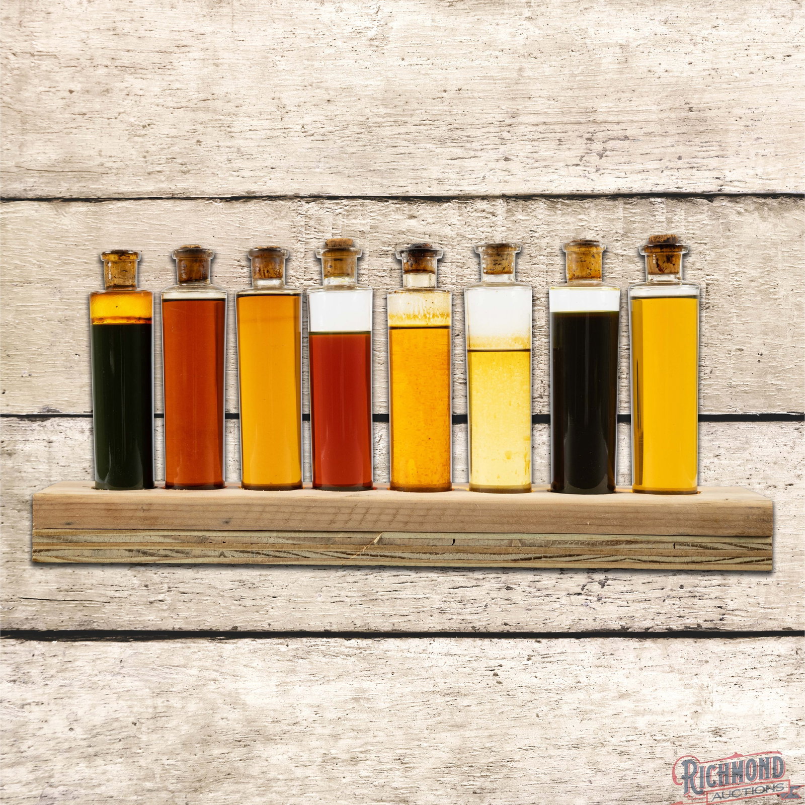Eight Glass Oil Sample Bottles w/ Johnson Oils Paper Label & Wooden Stand (1 of 4)