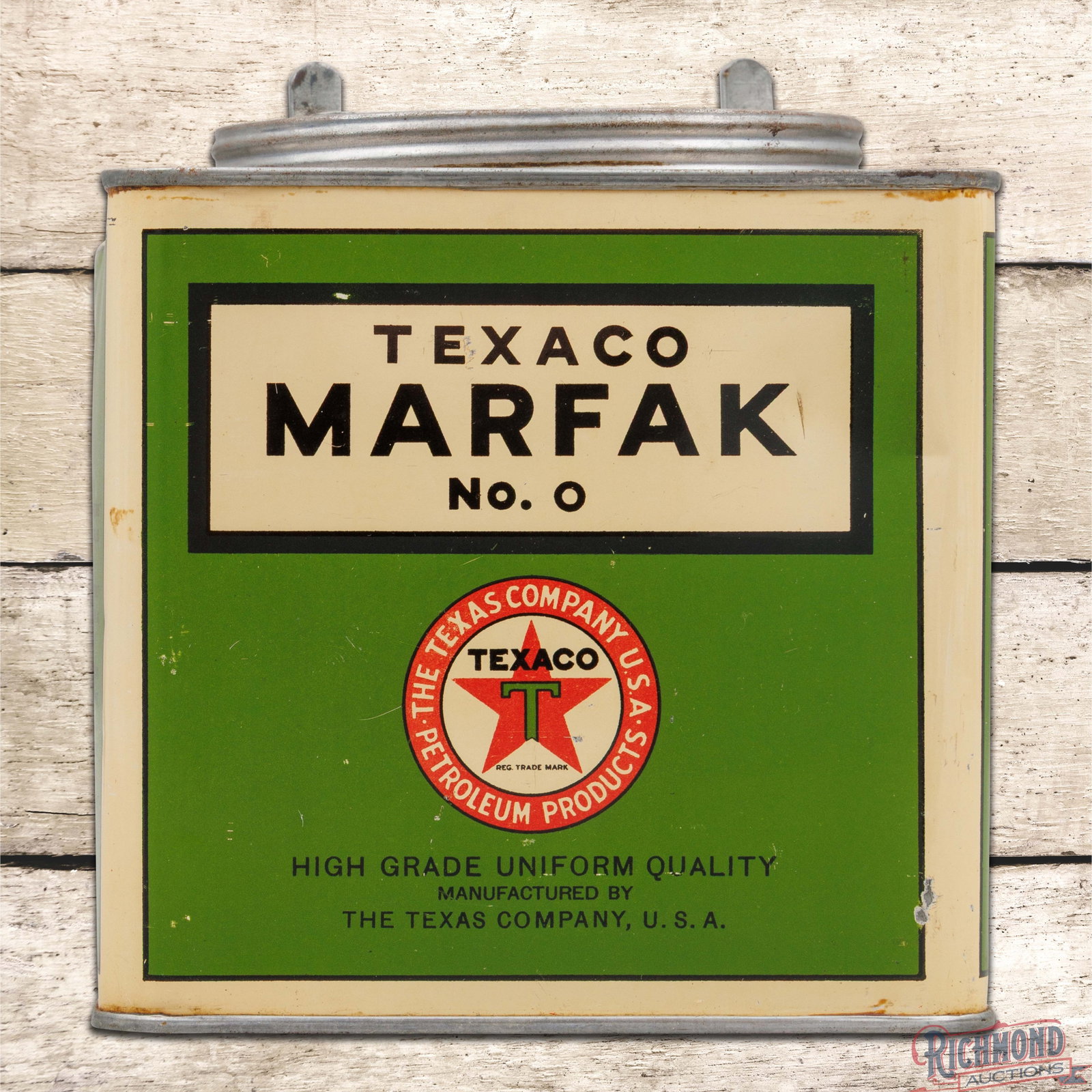 Texaco Marfak No. 0 Empty 5 Pound Metal Can w/ Logo: Empty five pound metal can with the original lid has excellent color and shine. The display has light wear with small indentations along the upper right edge. The reverse and sides have added wear wit