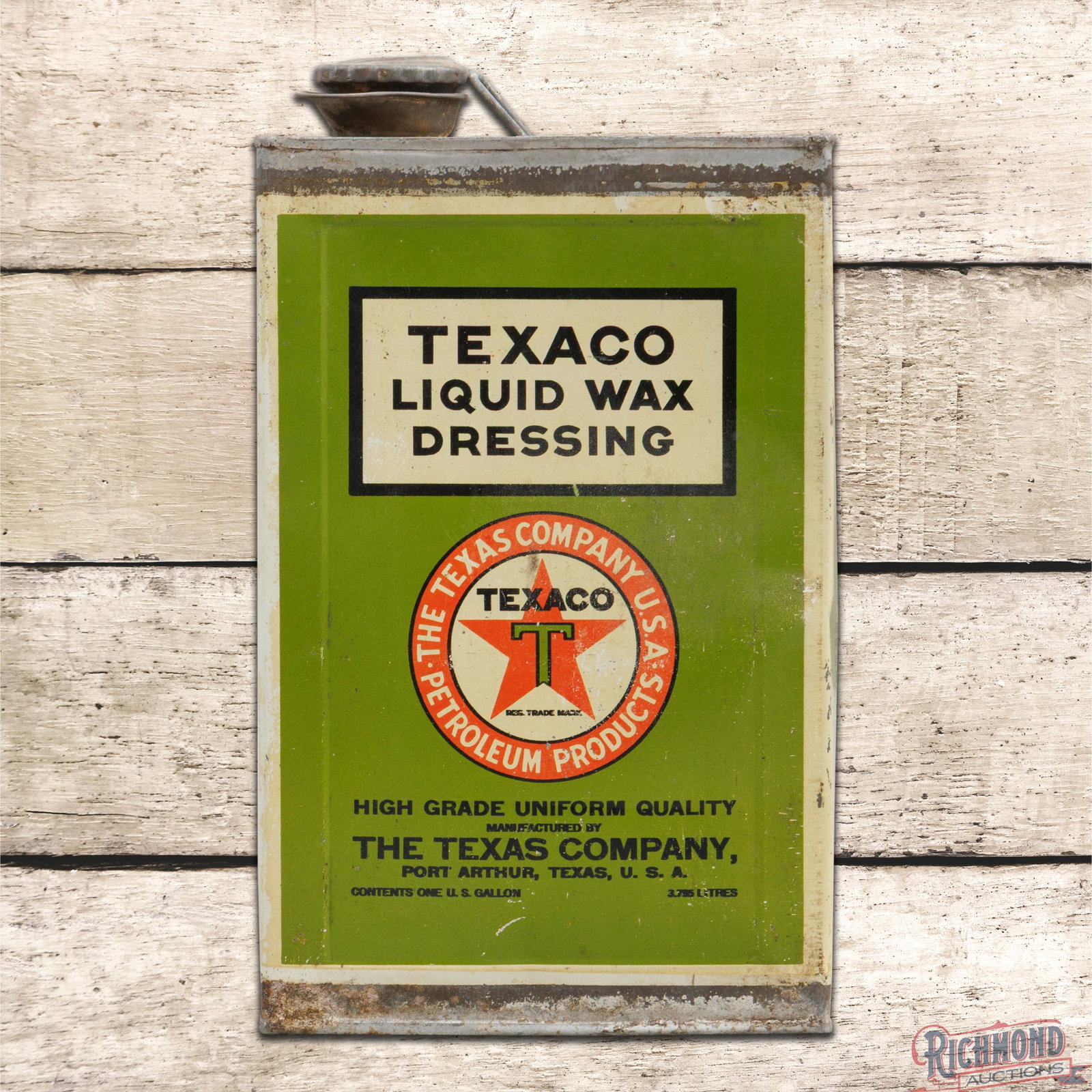 The Texas Company Texaco Liquid Wax Dressing Empty 1 Gallon Metal Can "Port Arthur Texas": Empty gallon metal can has very good color and shine. Side #1 has light wear with discoloration in the fields and minor indentations along the outer edges. The reverse has factory paper on the left si