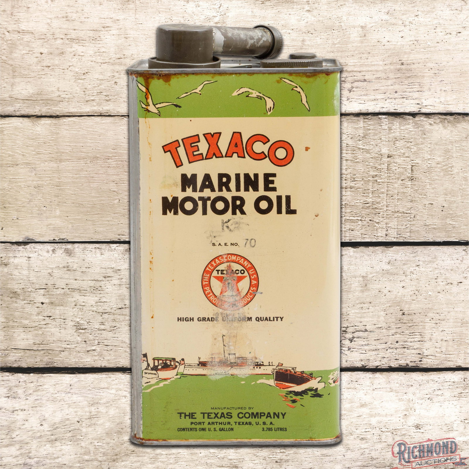 Texaco Marine Motor Oil Empty 1 Gallon Metal Can w/ Ships & Seagulls (1 of 6)