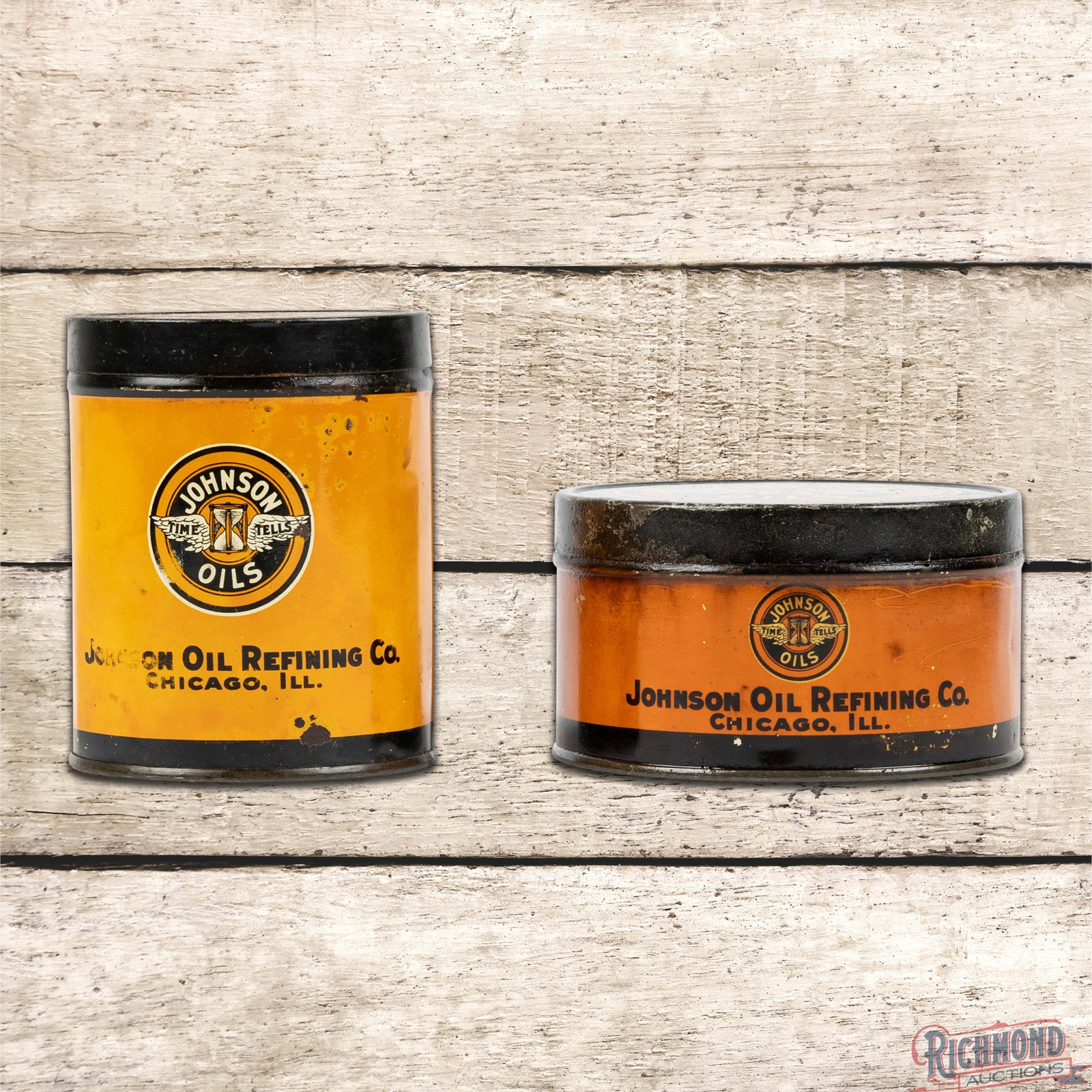 Group of 2 Johnson Oils 1 Pound Metal Grease Cans w/ "Time Tells" Logo: Group of two metal Johnson 1-pound grease cans have very good color. Both cans have some product inside. The squatty can has good color with paint chips, discoloration and seeping along the upper and 
