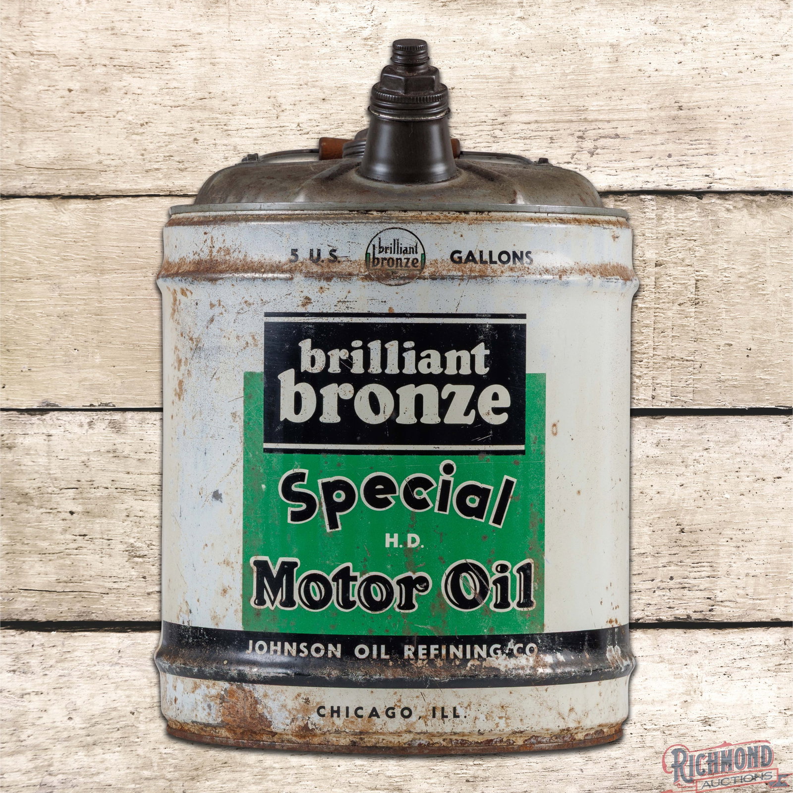 Johnson Brilliant Bronze Special H.D. Motor Oil 5 Empty 5 Gallon Metal Can: Empty five gallon metal can with the original handle and caps has good color and shine. The can has general surface wear with surface rubs, toning and oxidation. The reverse has wash in the white pain