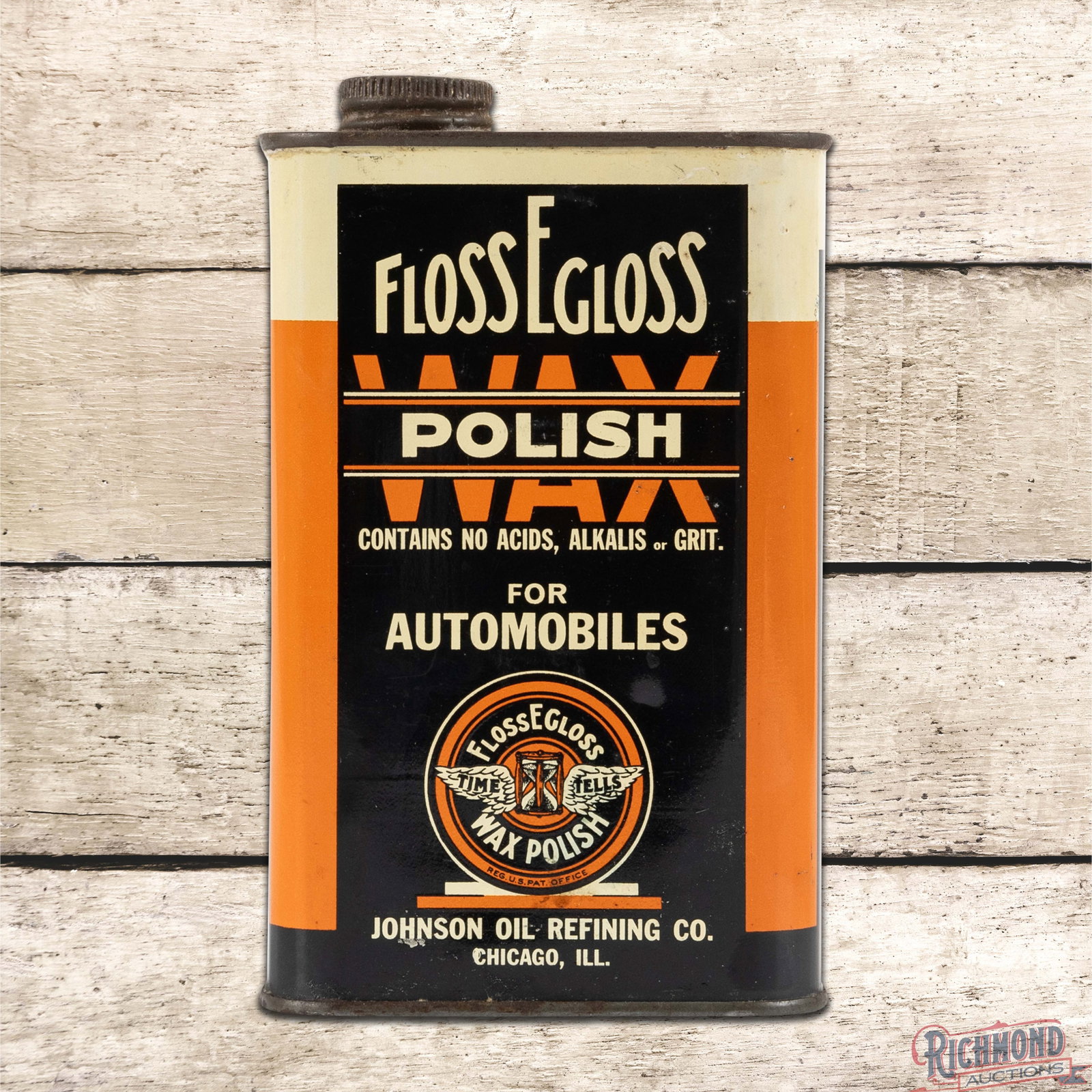 Johnson Polish Wax for Automobiles 1 Pint Metal Can: Metal one pint can has excellent color and shine. The can has some product inside. The display has light wear with small indentations in the field. The perimeter has minor oxidation along the lower ed