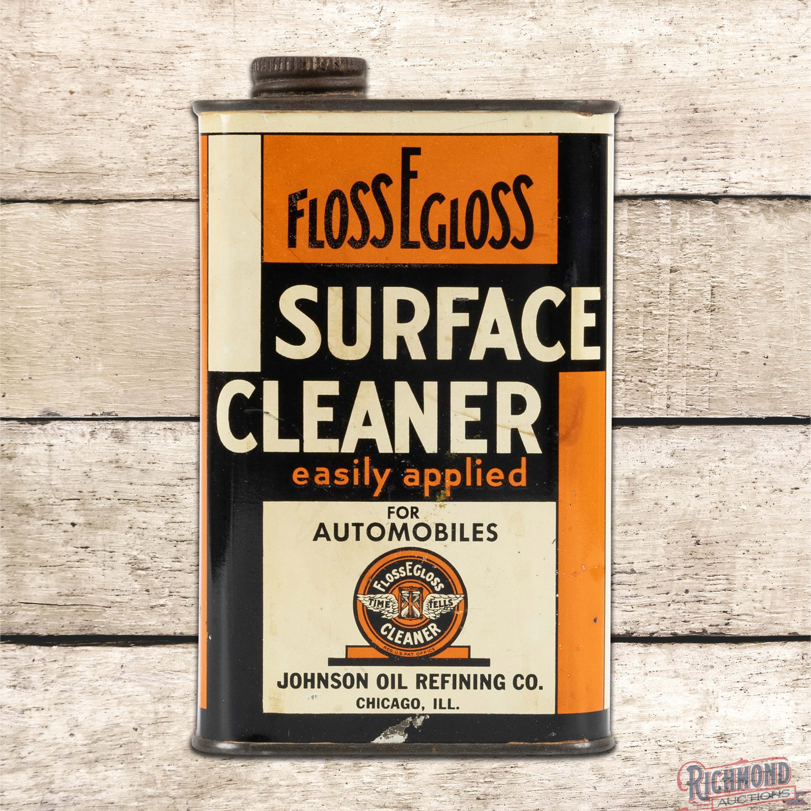 Johnson Oil Refining Co."Floss E Gloss" Surface Cleaner Empty 1 Pint Metal Can w/ Logo (1 of 6)