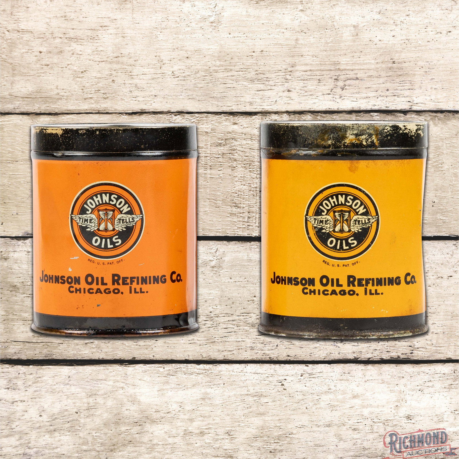 Group of 2 Johnson Oils 1 Pound Metal Grease Cans w/ "Time Tells" Logo (1 of 4)