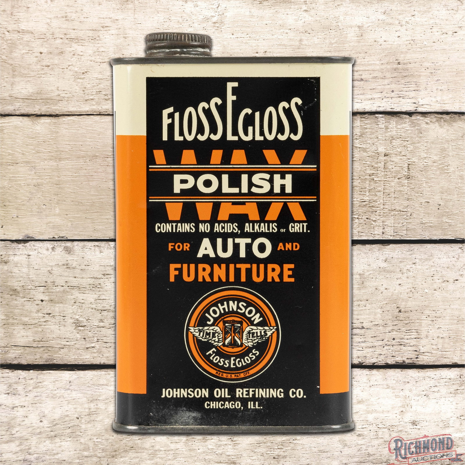 Johnson "Floss E Gloss" Polish Wax for Automobiles 1 Pint Metal Can: Metal one pint can has excellent color and shine. The can has some product inside. The display has light indentations in the outer fields. The perimeter has light wear along the lower edge and the rev
