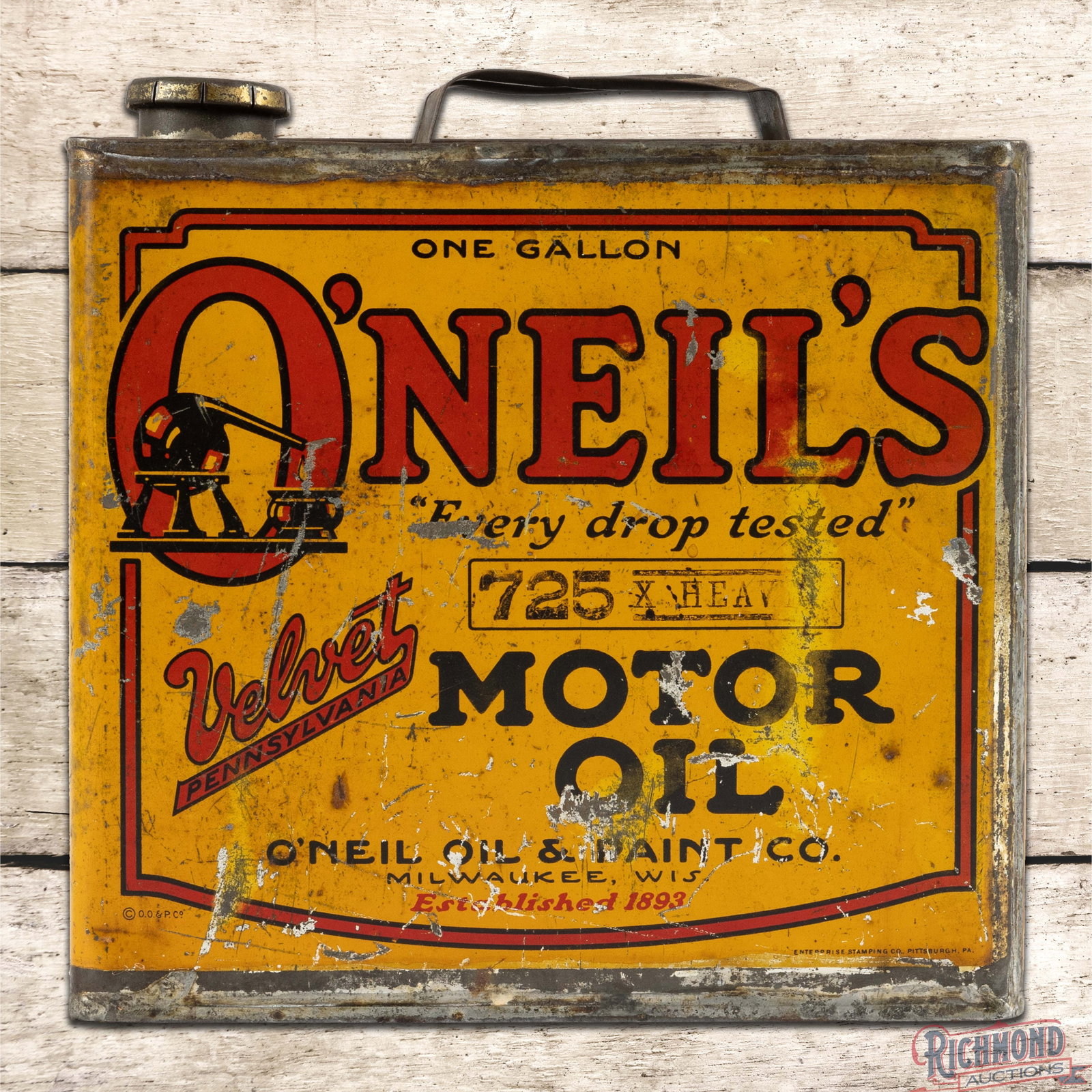 O'Neil's Velvet Motor Oil 1 Gallon Metal Can w/ Logo (1 of 6)