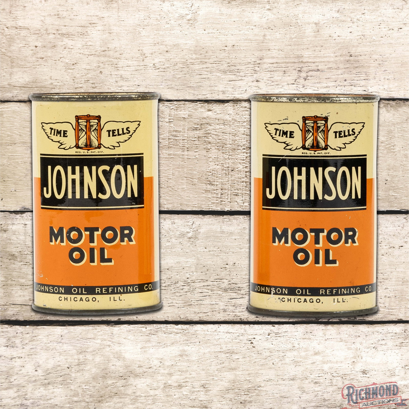 Group of 2 Johnson Motor Oil Metal Can Banks: Pair of metal oil can banks both have excellent color. Bank #1 is very clean overall with minor indentations along the edges and tiny paint chips in the outer fields. Bank #2 has a clean field on the 