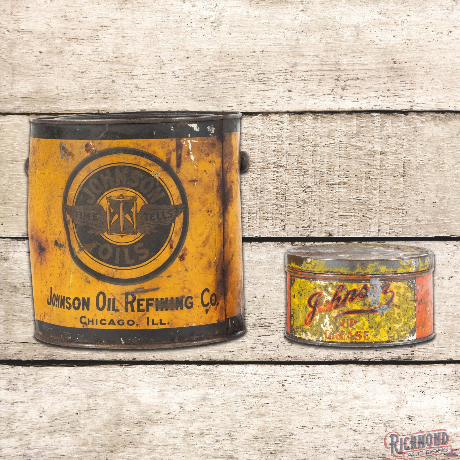 Pair of Johnson Oil Refining Co. Cup Grease Cans 1 Pound & 5 Pound: Two empty Johnson cup grease cans. The 1 pound can has heavy wear throughout with the original lid. The 5 pound can has good color with oxidation, wear and dents. The original lid is present and the h