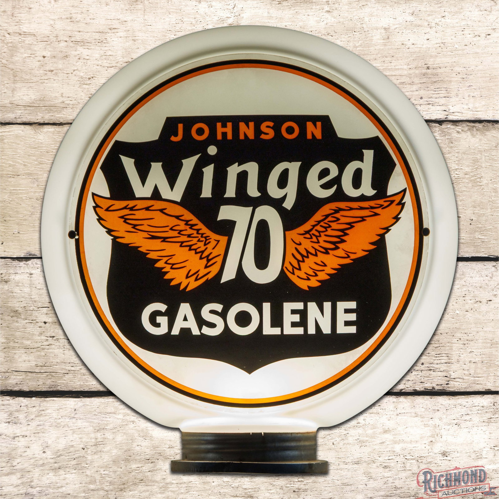 Rare Johnson Winged 70 Gasolene 13.5" Single Lens w/ Milk Glass Body: Single 13.5" lens mounted in a milk glass body with screw base and collar. The lens has excellent color with minor surface imperfections. The outer right fields and lower perimeter have areas of faint