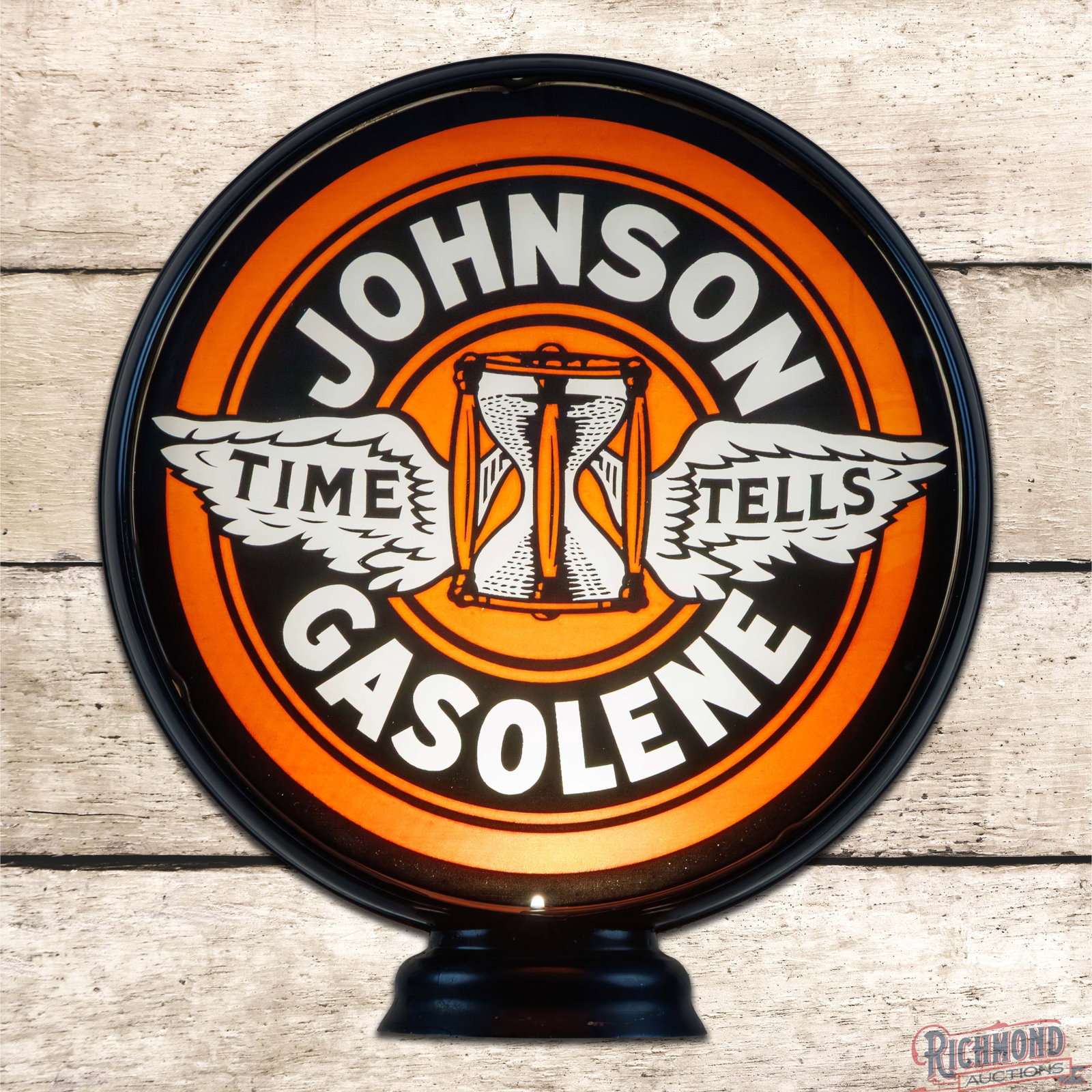 Johnson Time Tells Gasolene 15" Single Lens w/ LP Metal Body: Single 15" lens mounted in a low profile metal body has excellent color. The lens is very clean overall with minor surface scuffs in the lower right field. The globe body is in excellent condition. 17