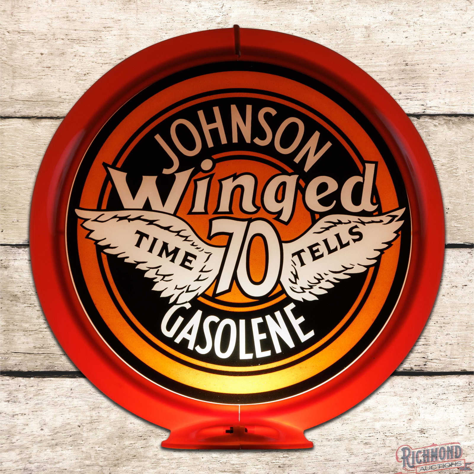 Scarce Johnson Winged 70 Gasolene "Time Tells" 13.5" Single Lens w/ Orig. Capco Body: Single 13.5" lens mounted in an original orange capco body has excellent color. The field is very clean overall with minor surface imperfections in the right field. The perimeter has a tiny chip at th