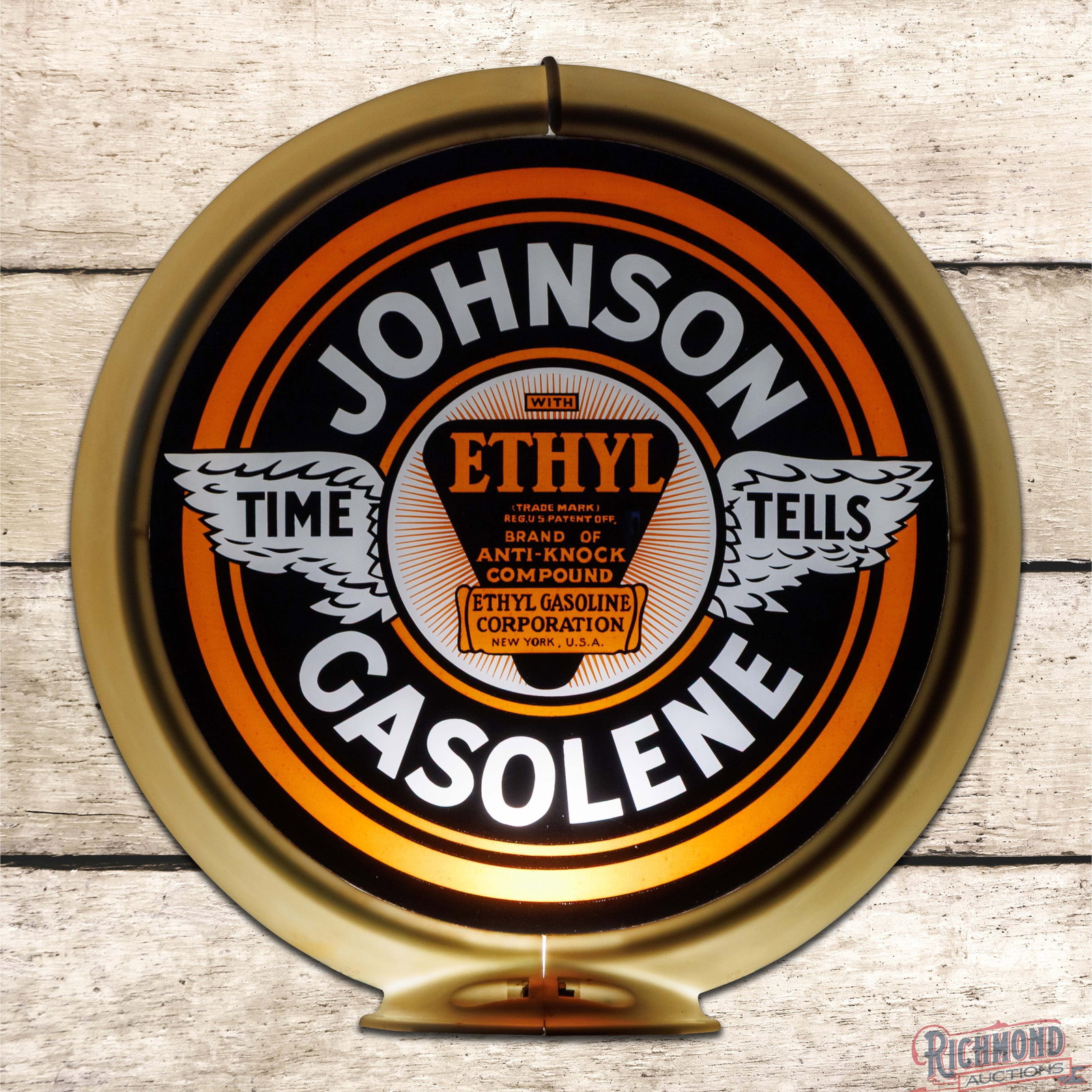 Johnson Ethyl Gasolene 13.5" Single Lens w/ Orig. Capco Body: Single 13.5" lens mounted in an original white capco body has excellent color. The lens is very clean overall with minor surface imperfections in the fields. The capco body is hand-dated 6-41 on the l
