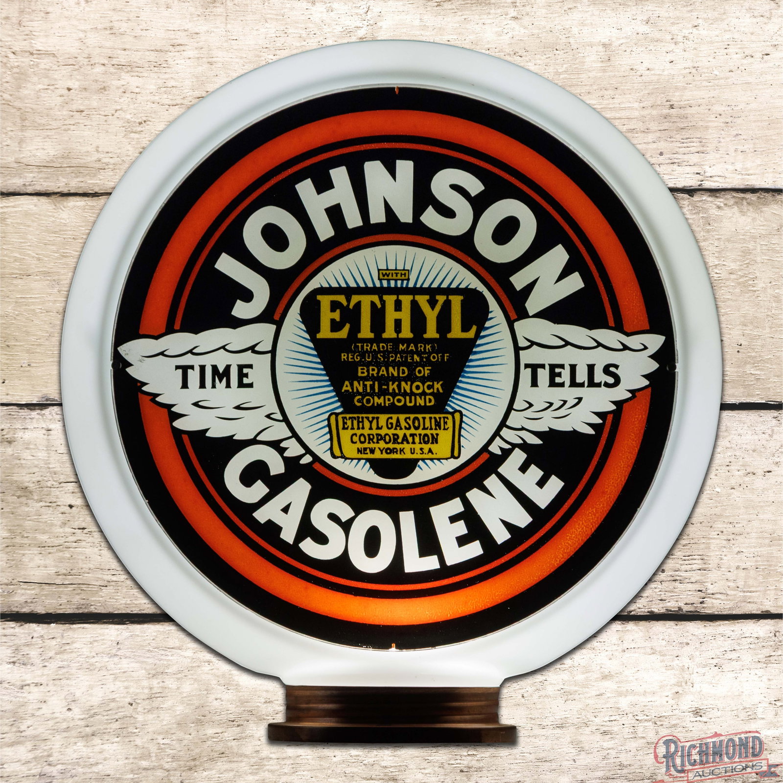 1930s Johnson Ethyl Gasolene Single 13.5" Lens w/ Milk Glass Body: Single 13.5" lens mounted in a screw base milk glass body with copper collar. The lens features a blue ethyl burst with excellent color throughout. The lens is very clean overall with minor surface im