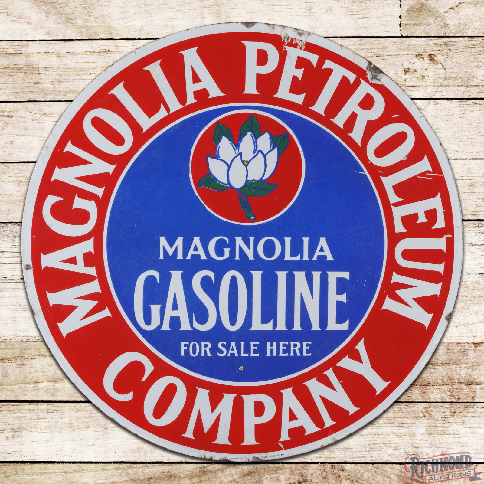 Magnolia Petroleum Company Gasoline 30" DSP Sign w/ Logo: DSP sign has good color and moderate gloss. Side #1 has faint cloudiness throughout with an eraser-sized chip in the lower field. The outer fields and perimeter have additional chips and crazing. The 