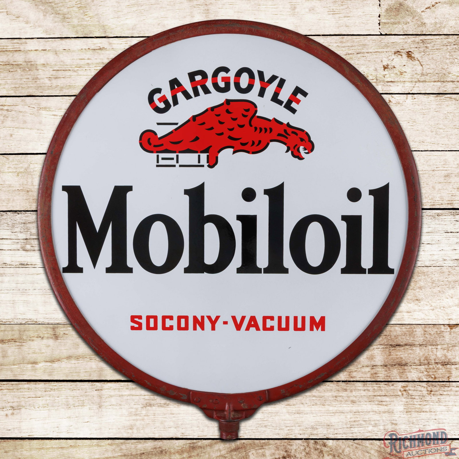 Gargoyle Mobiloil Socony Vacuum 30" DSP Sign: DSP sign with the factory curb ring has day one color and gloss. The sign features a large gargoyle graphic in the upper field with classic Mobiloil colors. Side #1 is exceptionally clean with minor s