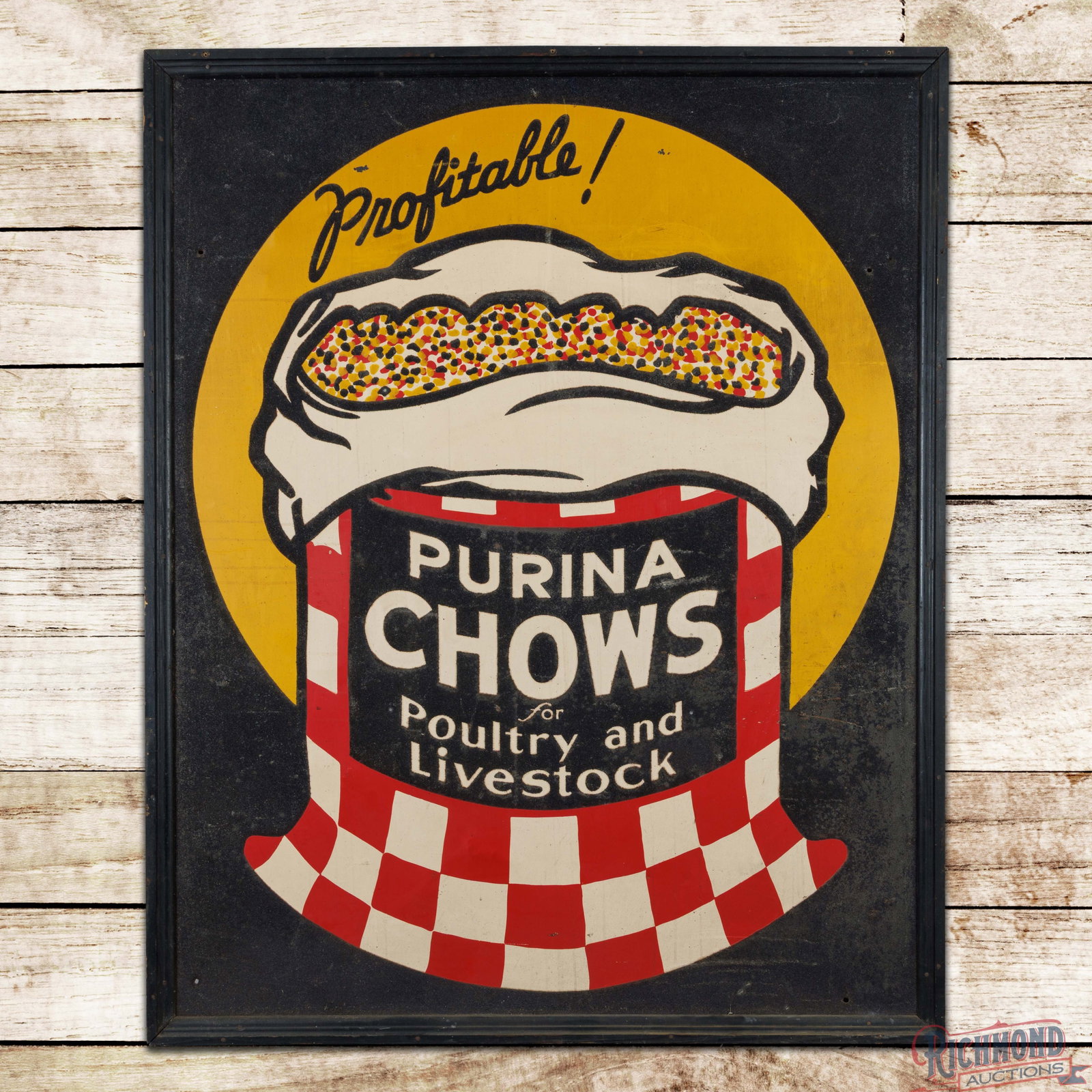 Purina Chows for Poultry and Livestock 5' SST Smaltz Painted Sign w/ Feed Sack: SST smaltz painted sign with the factory wooden frame has excellent color and shine. The display has light wear with scuffs and areas of minor discoloration. The outer fields have paint chips, minor o