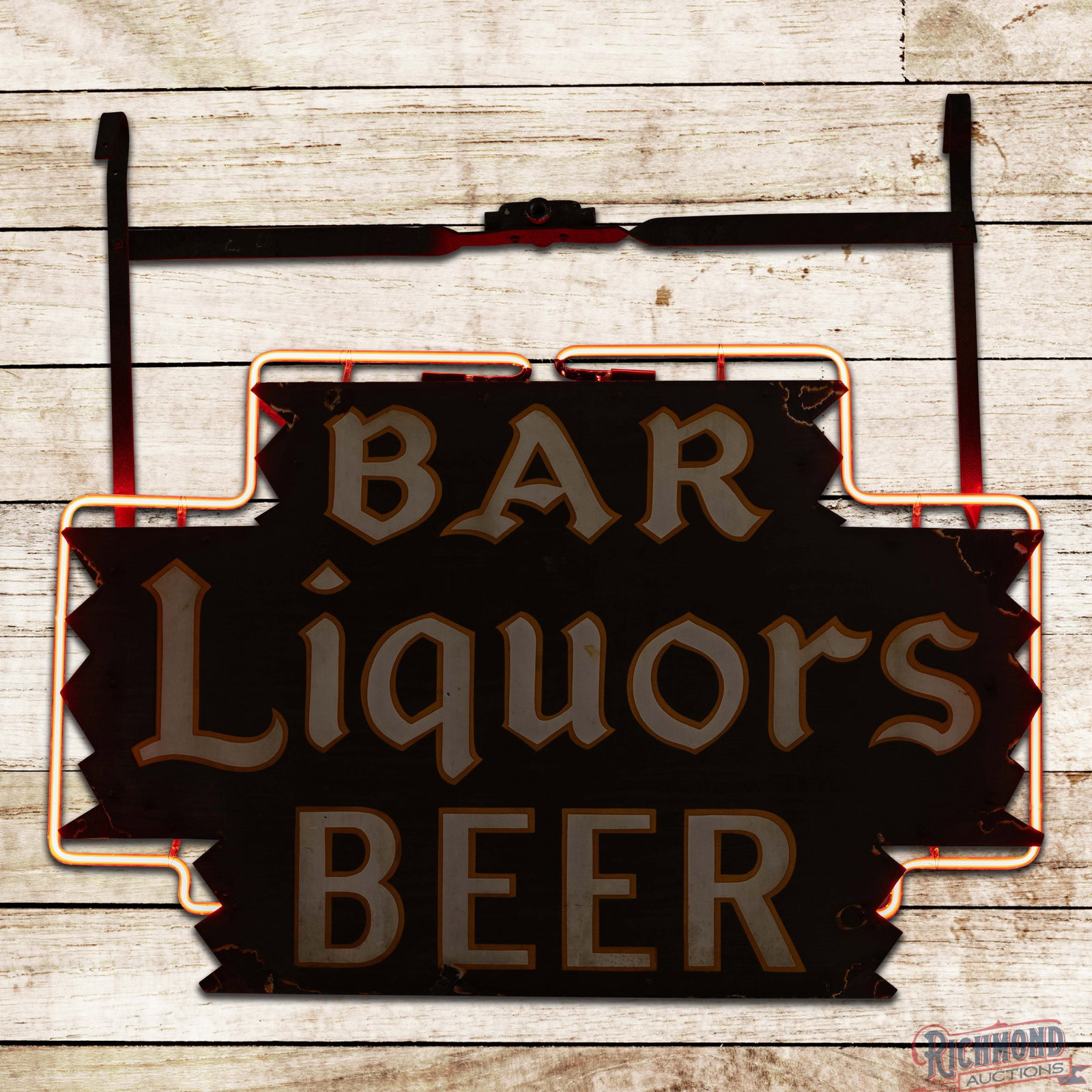 Bar Liquors Beer DSP Factory Neon Sign: DSP factory neon sign with the original metal can and hangers has very good color and gloss. The sign features a unique design with die cut shape and a faux woodgrain porcelain enamel background. Side