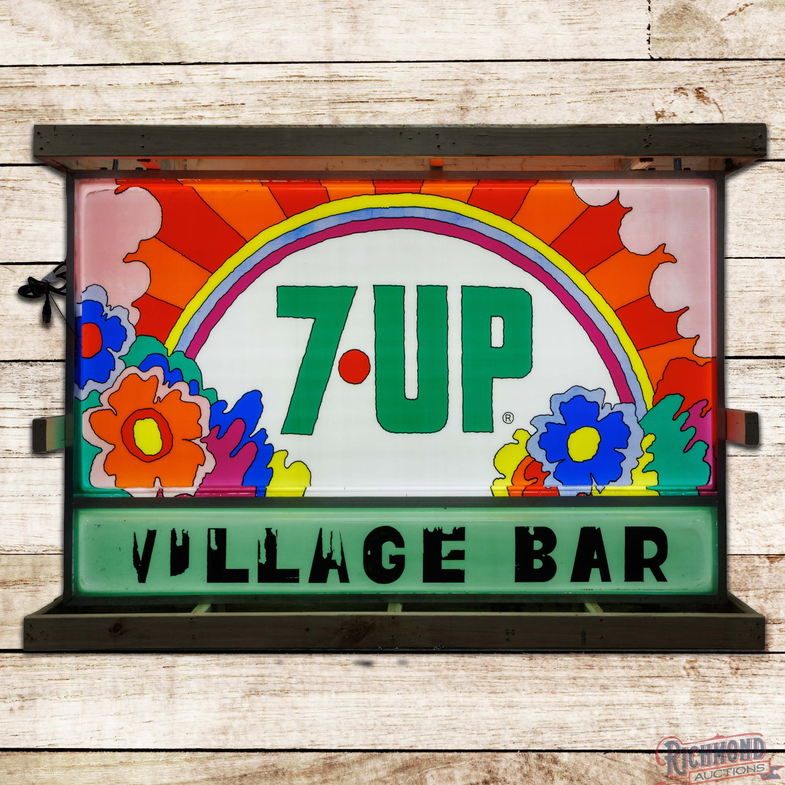 Amazing 7up "Uncola" Village Bar 6' DS Lighted Sign "Peter Max": Double-sided lighted plastic sign with the factory can has excellent color. The sign features the classic Peter Max design style of the late 1960s and 1970s eras. Side #1 is exceptionally clean overal