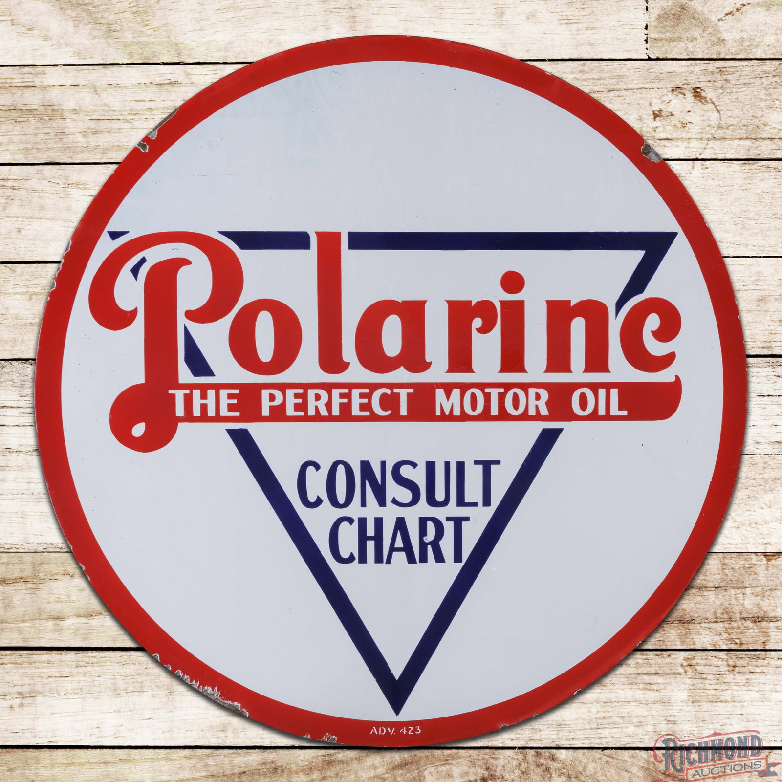 Polarine The Perfect Motor Oil "Consult Chart" 30" DSP Sign: DSP sign has excellent color and gloss. The display has light surface wear in the fields with small chips along the perimeter. The reverse is in a similar condition with small chips in the upper outer