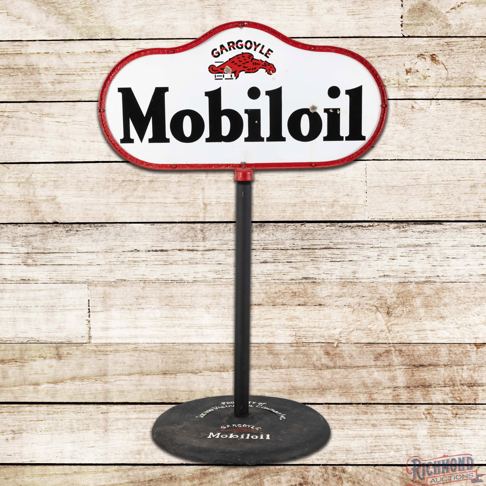 Rare Gargoyle Mobiloil 36" DSP "Cloud" Curb Sign: DSP die cut sign with pole and embossed Gargoyle Mobiloil base has very good color and gloss. The display has light surface wear with chips in the left and upper fields. The perimeter has small chips 