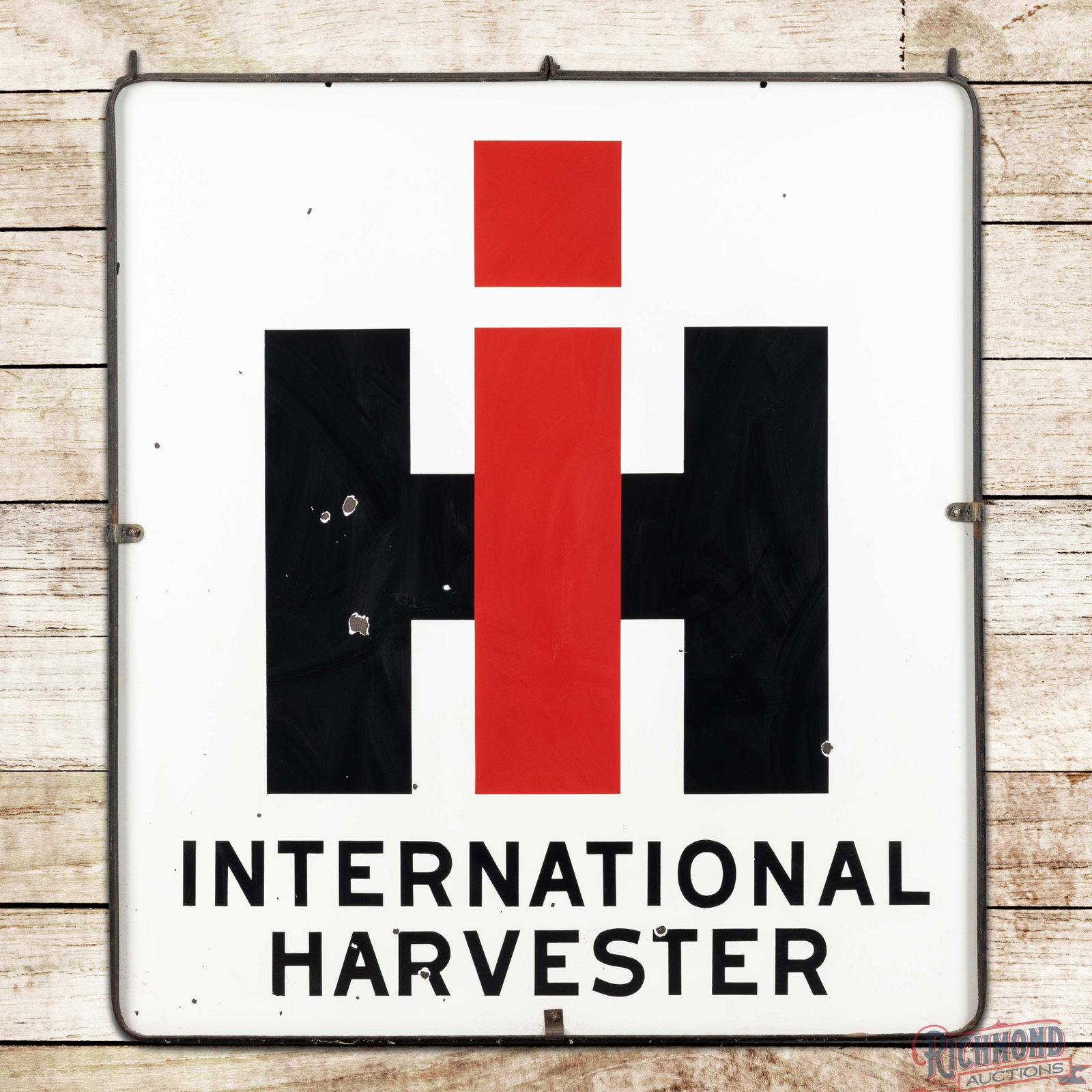 IH International Harvester 4' DSP Sign w/ Ring: DSP sign with the factory ring has excellent color and gloss. Side #1 has small chips with factory imperfections in the logo. The reverse has additional chips in the field and perimeter. The metal rin