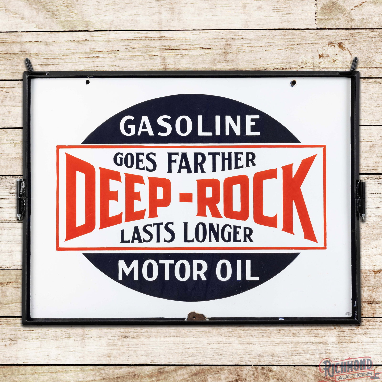 Deep Rock Gasoline Motor Oil "Goes Farther Lasts Longer" 32" DSP Sign w/ Ring: DSP sign with a new metal ring has excellent color and gloss. The display field is exceptionally clean. The perimeter has small chips with a non-factory hole at the 6 o'clock edge. The reverse is in a