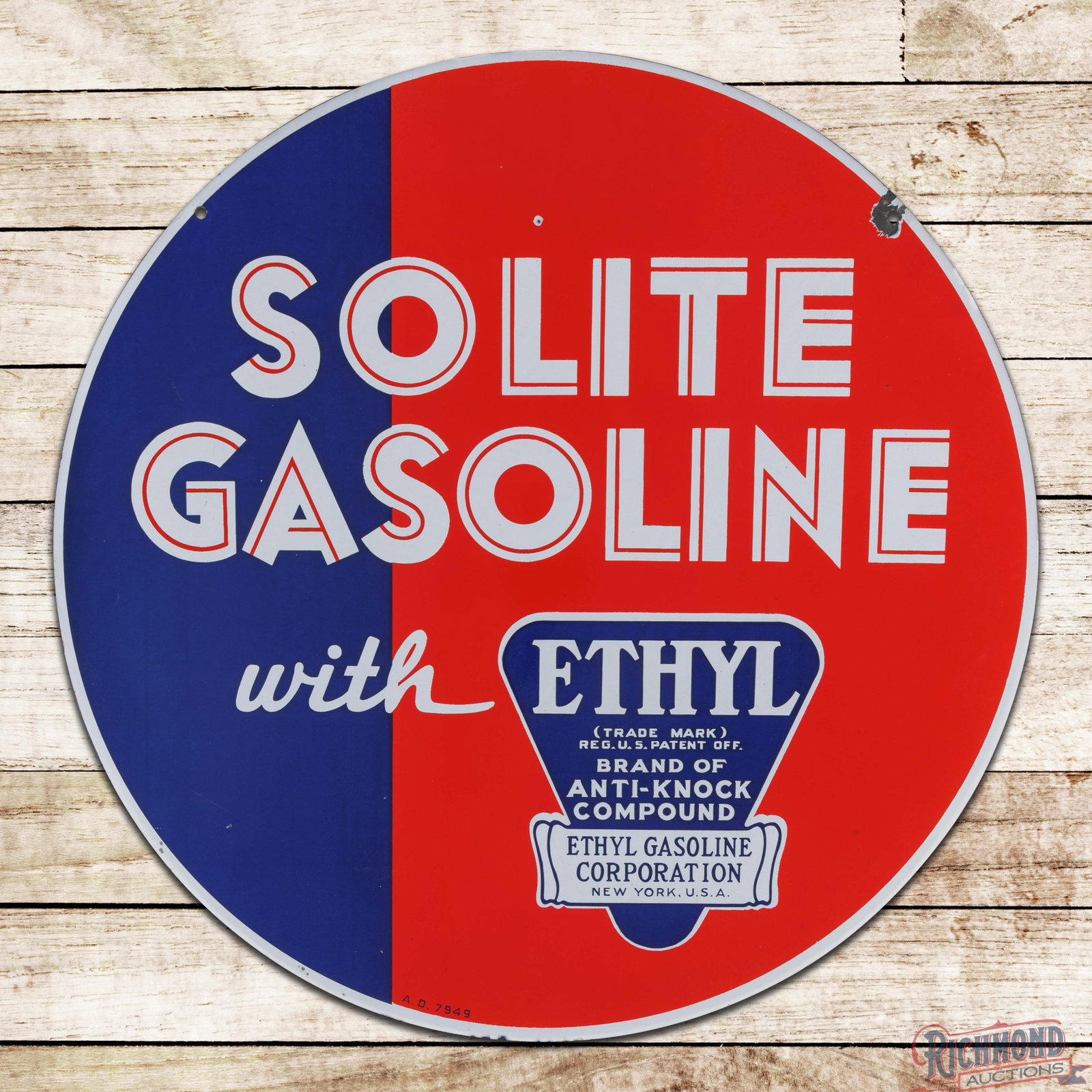 Solite Gasoline with Ethyl 30" DSP Sign w/ Logo: DSP sign has excellent color and gloss. Side #1 has a clean field with a chip at the upper left mounting hole. The reverse has an eraser-sized chip in the upper field. Marked A.D. 7949. Overall a fant