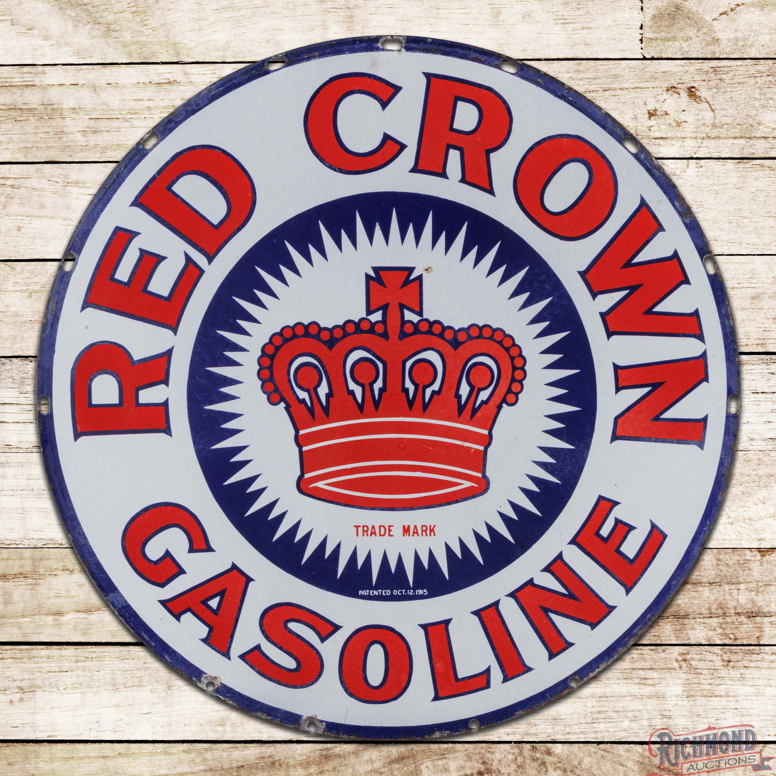 Red Crown Gasoline 30" DSP Sign w/ Logo: DSP sign has good color and gloss. The display has faint cloudiness in the fields. The perimeter has small chips and discoloration along the outer edges. The reverse is in a similar condition with a m