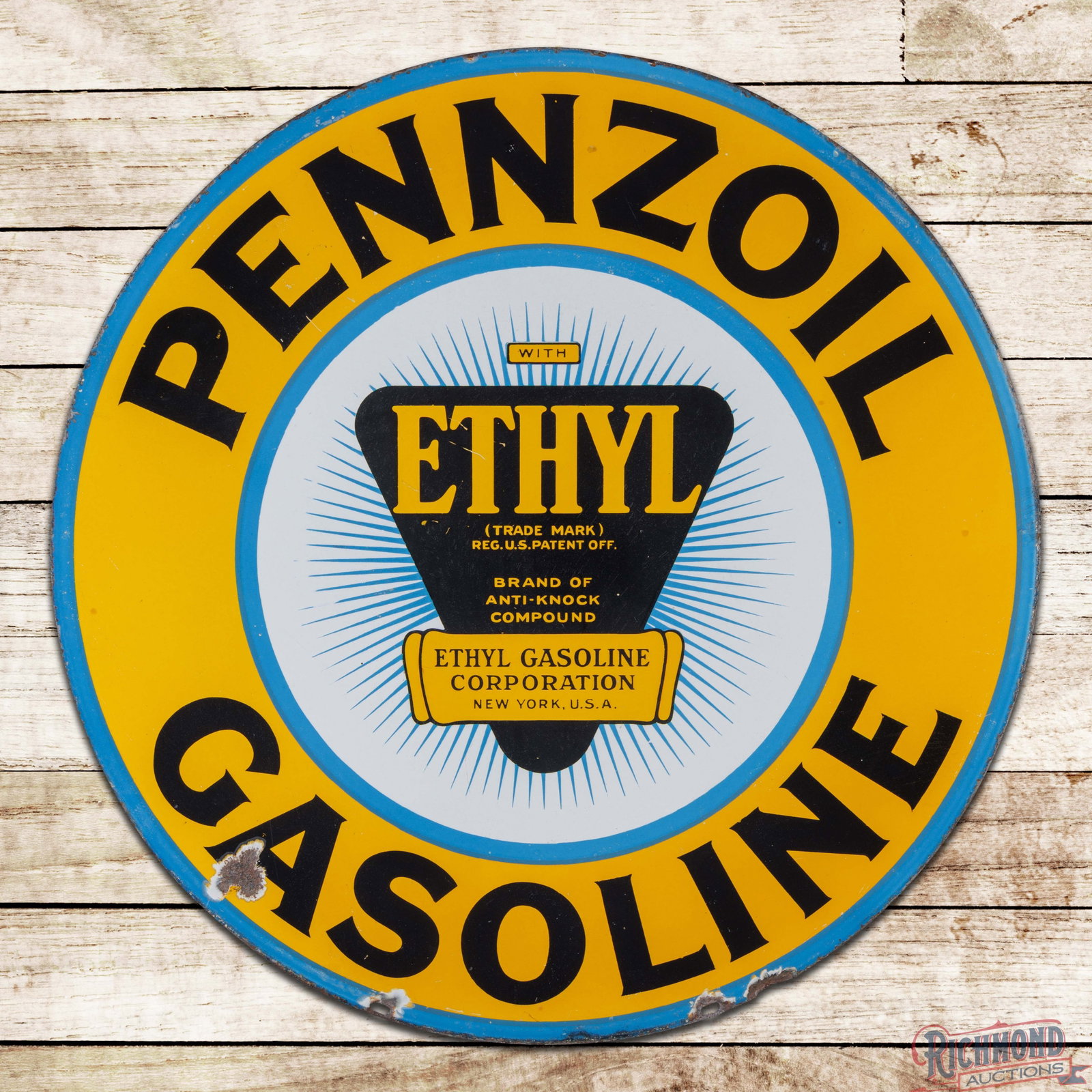 Pennzoil Ethyl Gasoline 30" DSP Sign w/ Blue Burst Logo: DSP sign has good color and gloss. Side #1 has light wear with small nicks in the left fields and fine scratches in the outer lettering. The perimeter has a chip below the "N" with other small edge ch