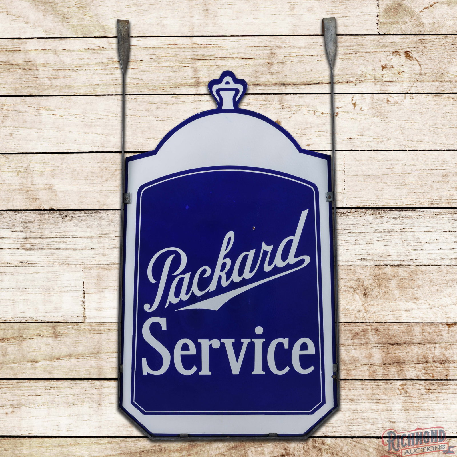 Amazing Packard Service Die DSP Radiator Shaped Sign w/ Factory Frame w/ Hangers: DSP die cut sign with the original frame with hangers has outstanding color and gloss. The display is exceptionally clean with one tiny chip on the "I" in Service. The reverse is in a similar conditio
