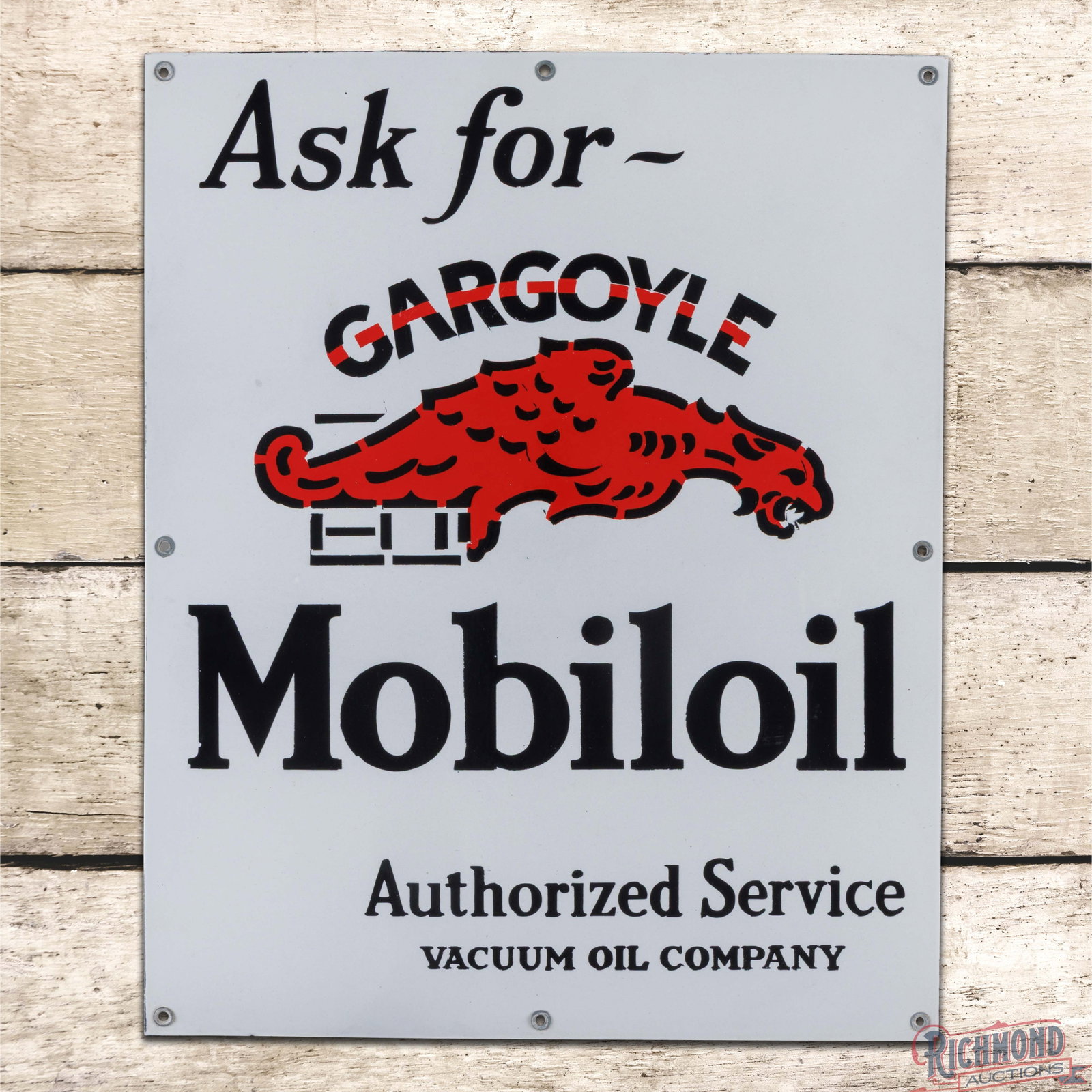 Ask for Gargoyle Mobiloil Authorized Service SSP Sign: SSP sign has excellent color and gloss. The field is clean with light surface wear and faint areas of discoloration. The perimeter has a few tiny flea bites along the lower edges. All eight factory gr