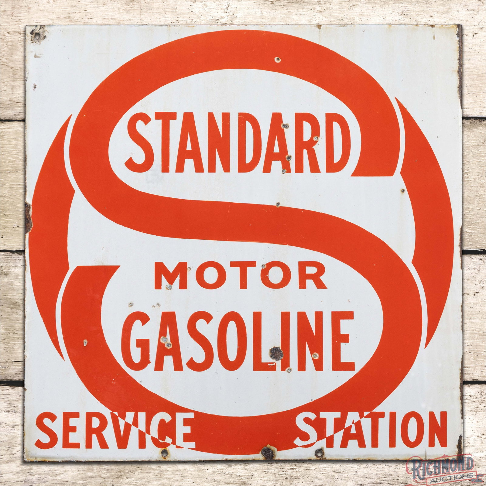 Standard Motor Gasoline Service Station DSP Flange Sign: Early DSP flange has excellent color and gloss. Side #1 has light wear with eraser-sized chips in the fields and edges. The inner flange has a minor bend on the upper edge with large chips at the moun