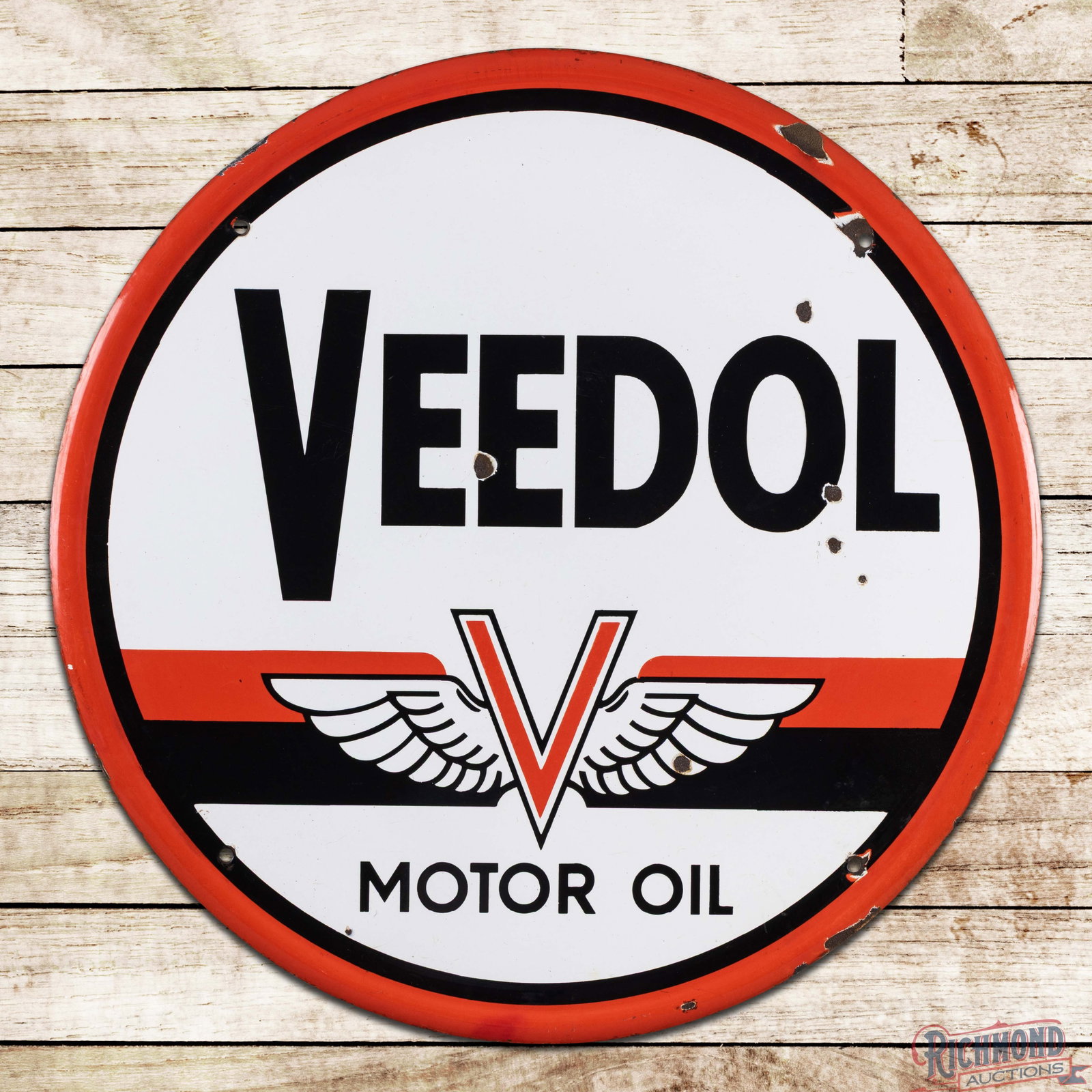 Veedol 30" SSP Motor Oil Sign w/ Wing Logo: SSP self-framed sign has excellent color and gloss. The field has chips in and around the lettering with one dime-sized chip in the logo. The perimeter has chips at the right hand mounting holes and t