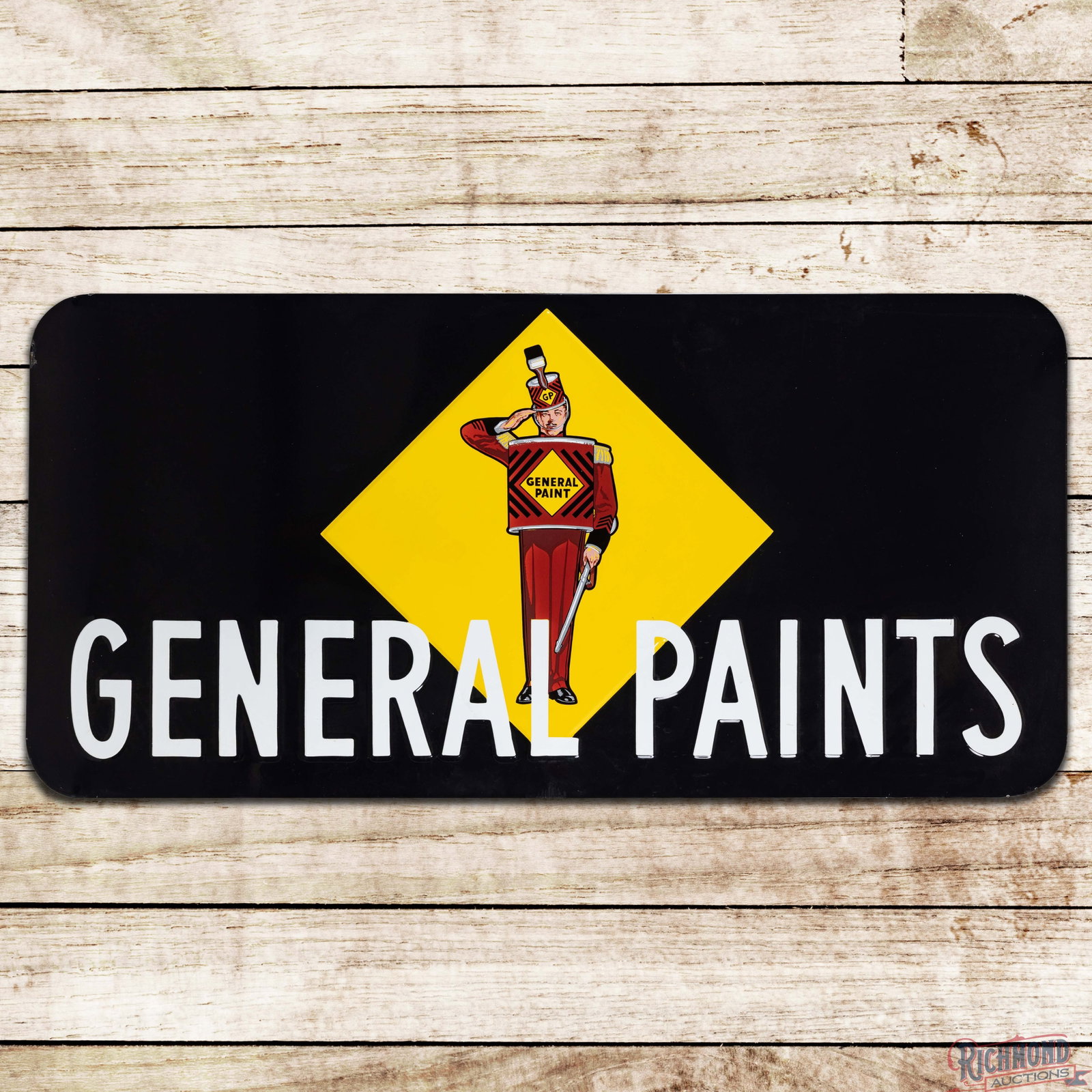 General Paints 6' Emb. SSP Sign w/ Soldier: SSP embossed rolled edge sign has outstanding color and gloss. The fields are clean. The perimeter has small chips along the outer edges. The reverse is marked Property of General Paints Corp. Overall