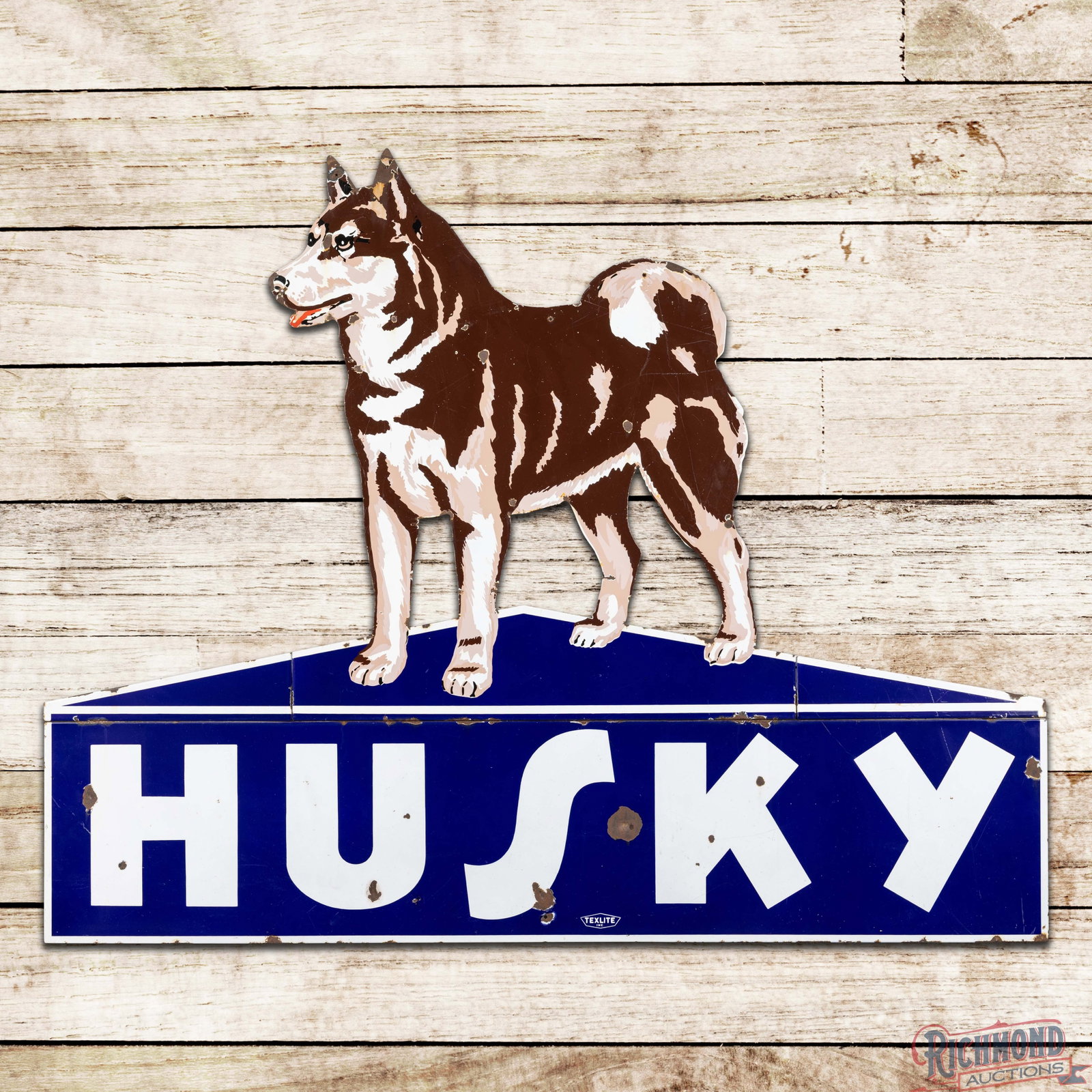 Husky Gasoline 6' SSP Service Station Sign w/ Dog "Left Facing": SSP multi-piece sign has very good color and gloss. The dog portion has light surface wear with chips and non-factory holes along the upper edges. The lower Husky panel has chips in the fields and the