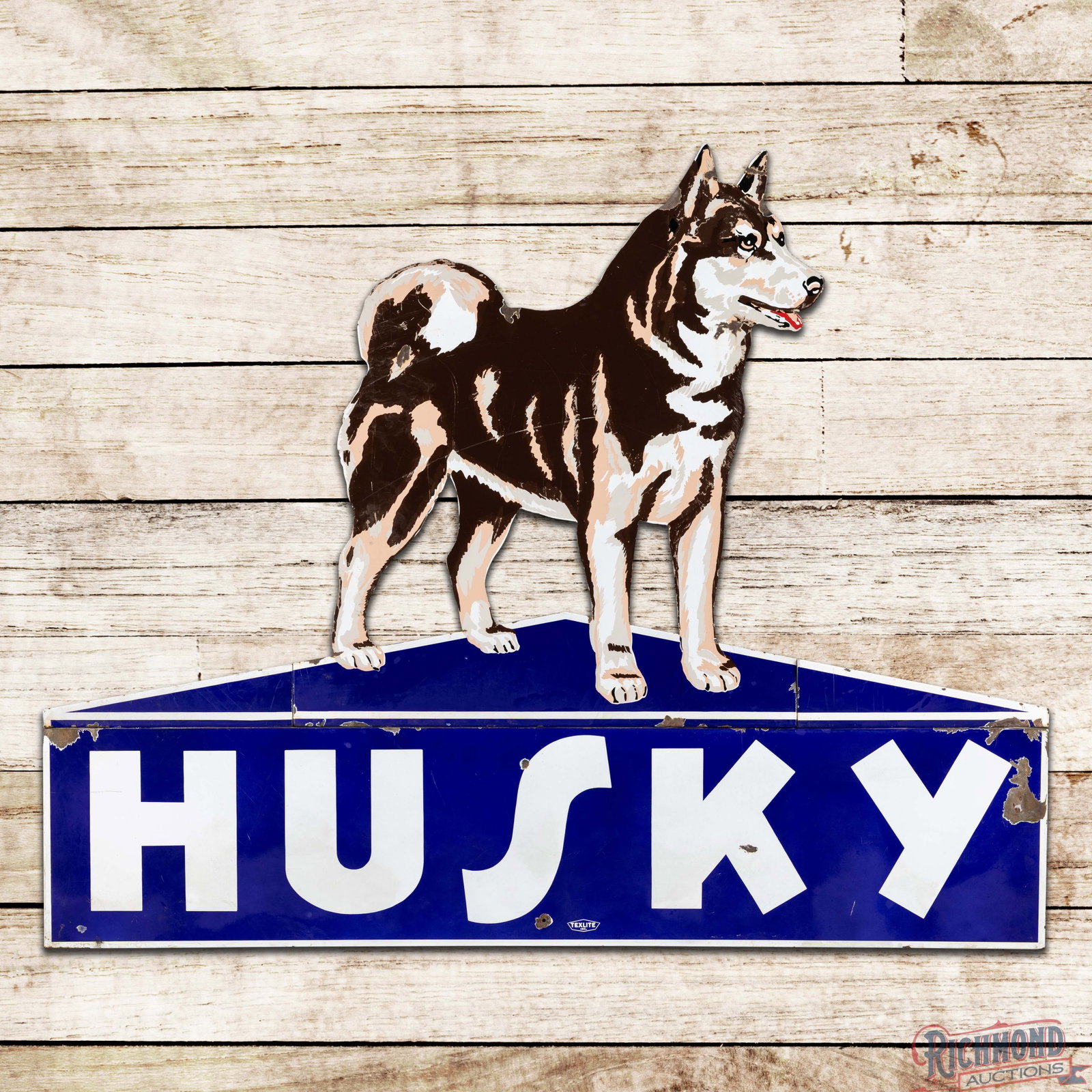 Husky Gasoline 6' SSP Service Station Sign w/ Dog "Right Facing": SSP multi-piece sign has good color and gloss. The dog portion has surface wear with fine scratches and chips. The lower Husky panel has a few chips in the field with two non-factory holes along the p