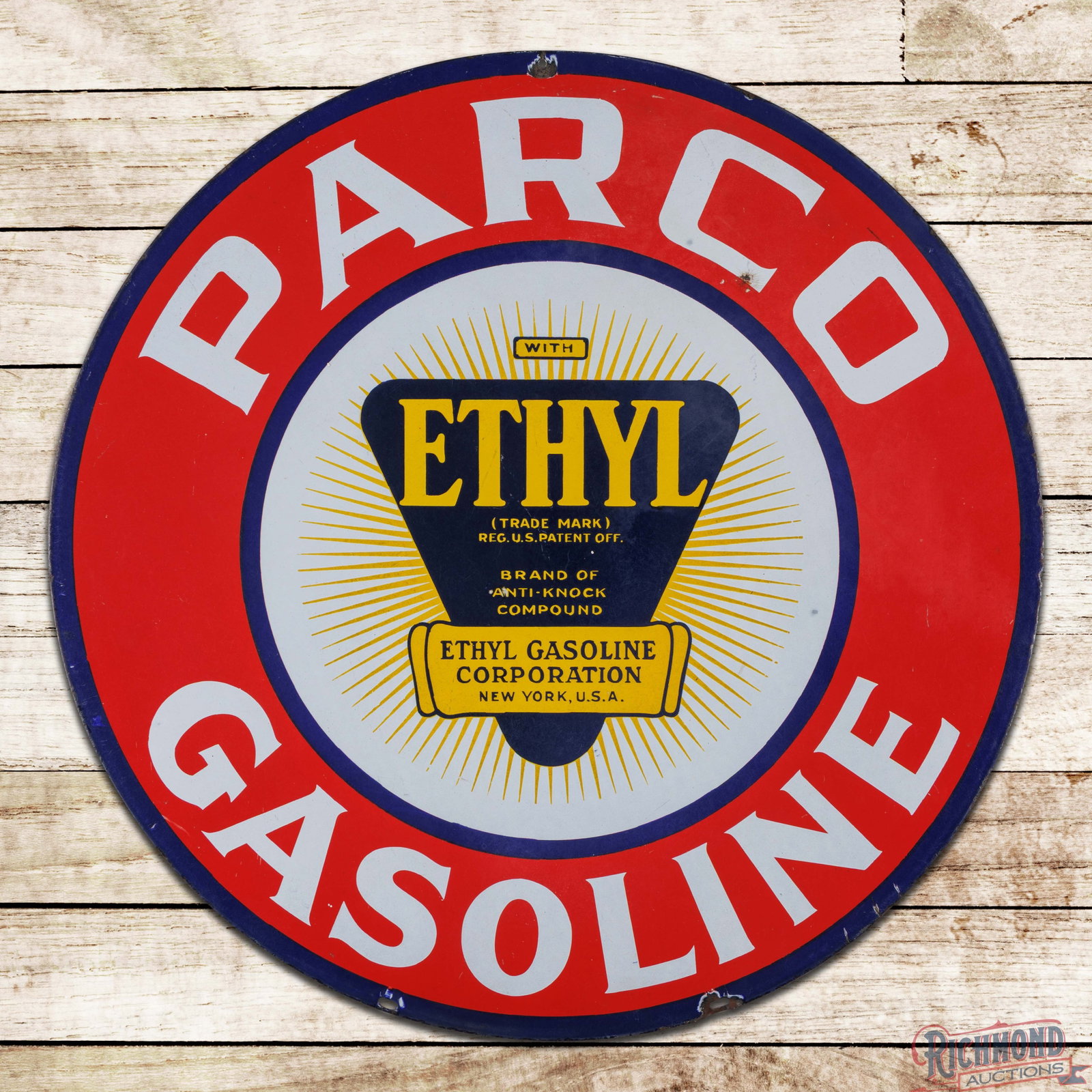 Parco Ethyl Gasoline 30" DSP Sign w/ Logo: DSP sign has good color and gloss. Side #1 has light surface wear throughout with a small chip and crazing on the lower edge of the ?C" in Parco. The perimeter has a small added mounting hole on the u