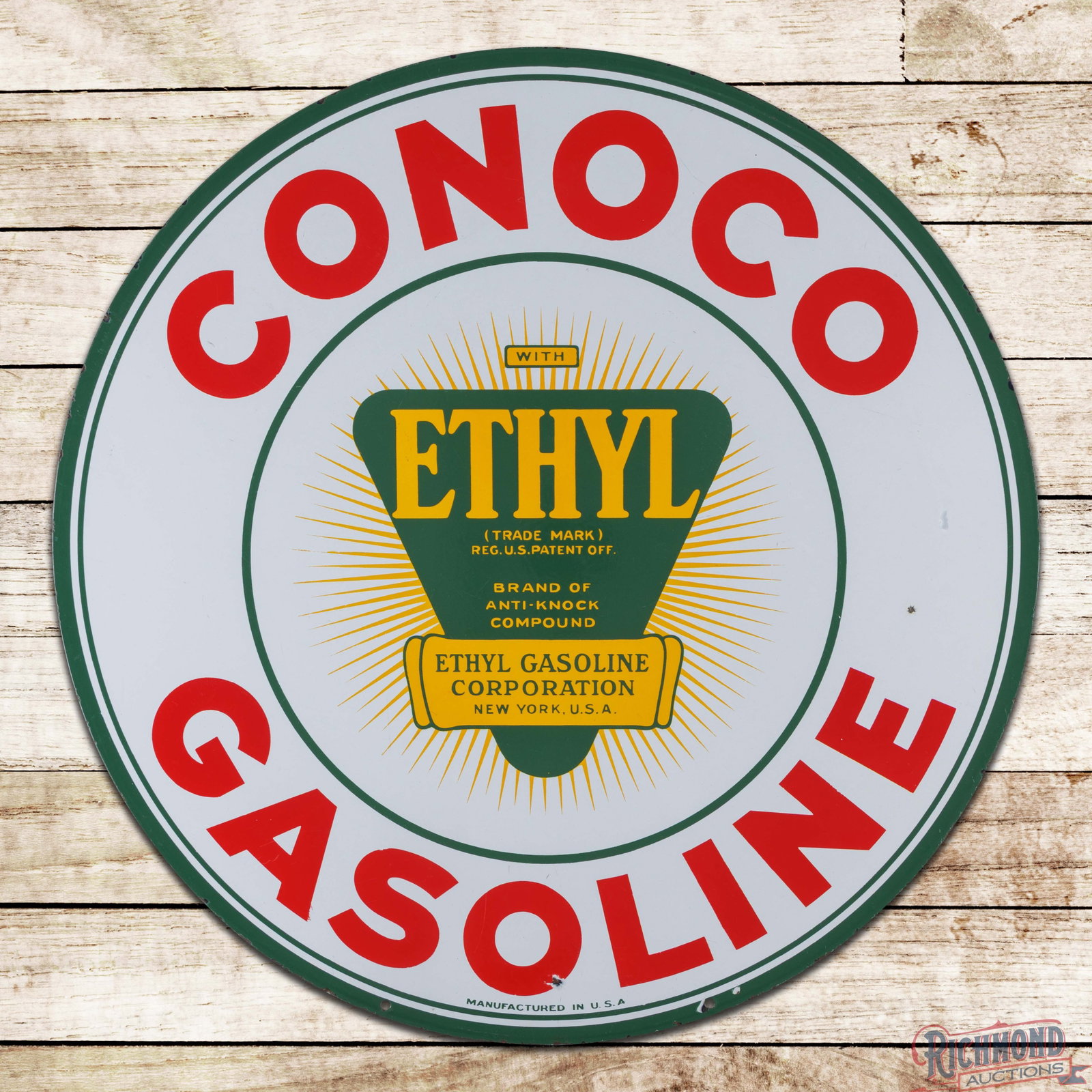 Conoco Ethyl Gasoline 30" DSP Sign w/ Green Burst Logo: DSP sign has excellent color and gloss. Side #1 has a clean field with two tiny chips and surface wear in the lower "Gasoline" lettering. The perimeter has small chips along the lower edges. The rever