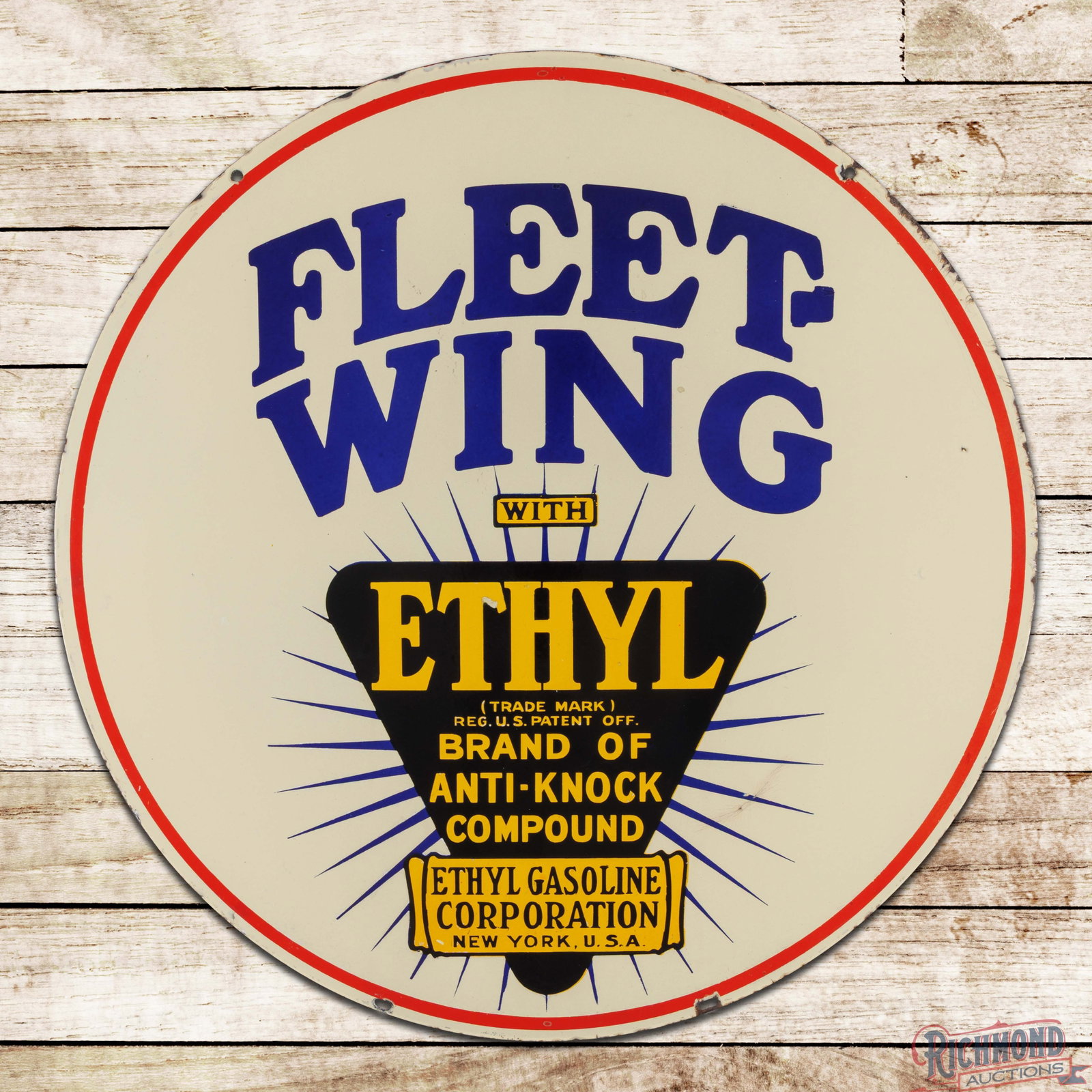 Fleet Wing Ethyl Gasoline 30" DSP Sign w/ Logo: DSP sign has excellent color and gloss. Side #1 has a small chip in the field with minor chips along the outer edges. The reverse is in a similar condition with a small chip and crazing in the lower r