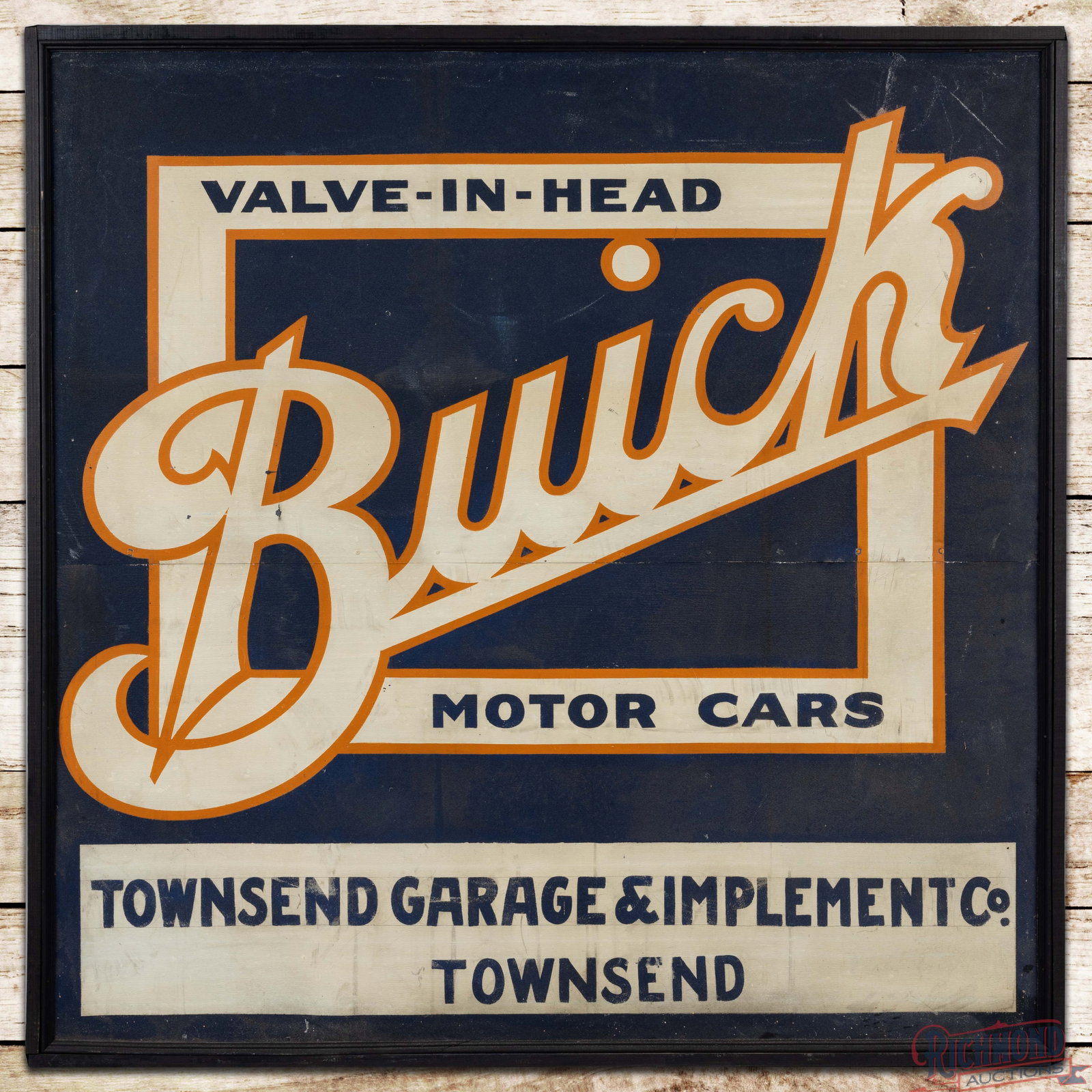 Buick Motor Cars "Valve in Head" 5' SST Smaltz Sign Townsend Montana Garage & Implement Co.: SST smaltz painted sign with the factory wooden frame has excellent color and shine. The display has light wear, scuffs, small paint chips and toning. The lower privilege area has added "Townsend Gara