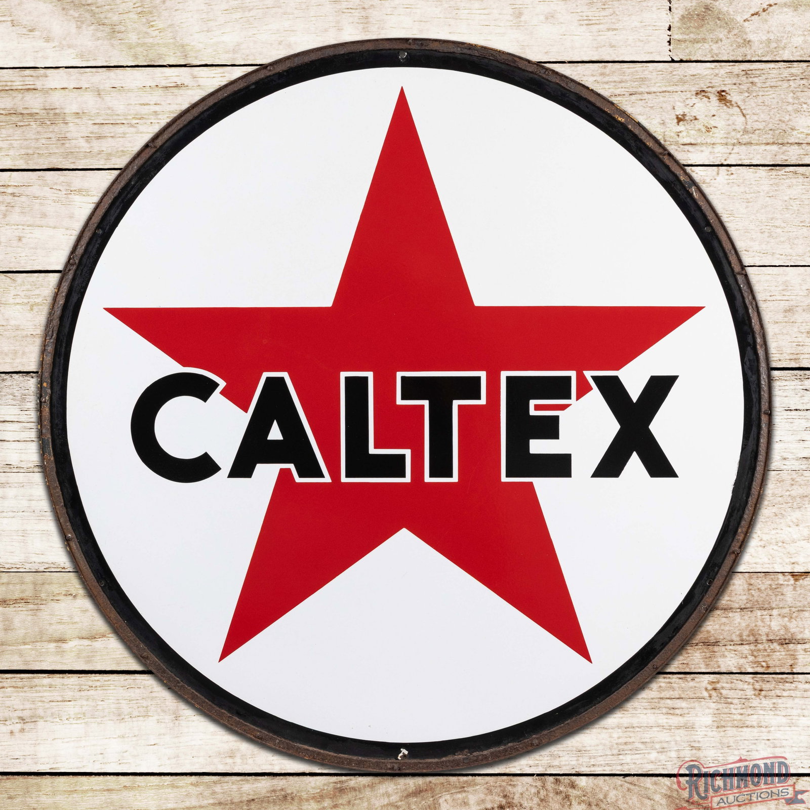 Caltex Gasoline 4' DSP Sign w/ Ring "Star Logo": DSP sign with the factory ring has excellent color and gloss. Side #1 has a clean field with errant paint along the edges and a small chip at the 6 o'clock edge. The reverse has minor marks in the out