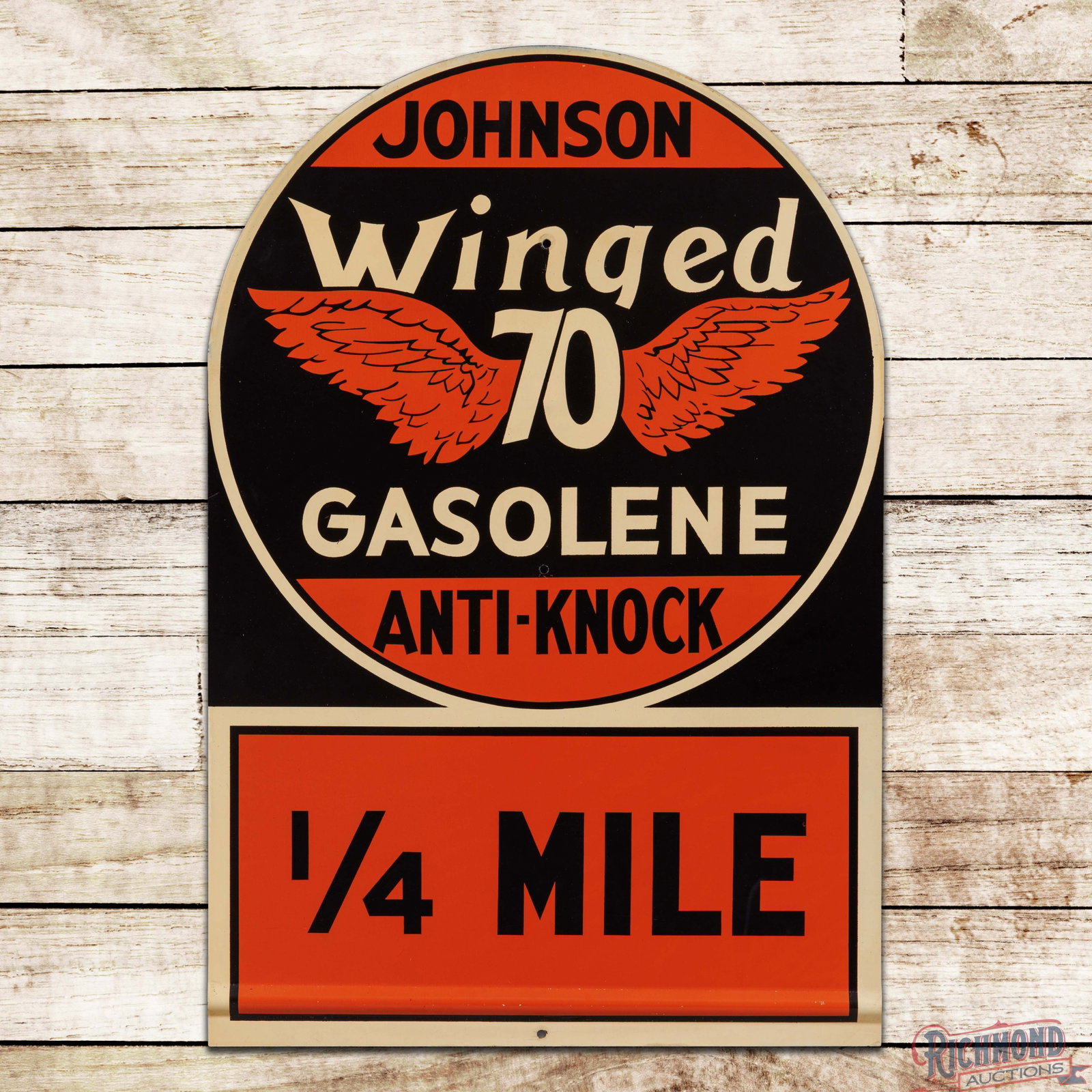 Amazing NOS Johnson Winged 70 Gasolene "Anti-Knock" 1/4 Mile SST Tombstone Sign: NOS SST tombstone sign has outstanding color and shine. The sign features a large Johnson Winged 70 logo in the field with 1/4 mile distance information in the lower field. The sign is exceptionally c