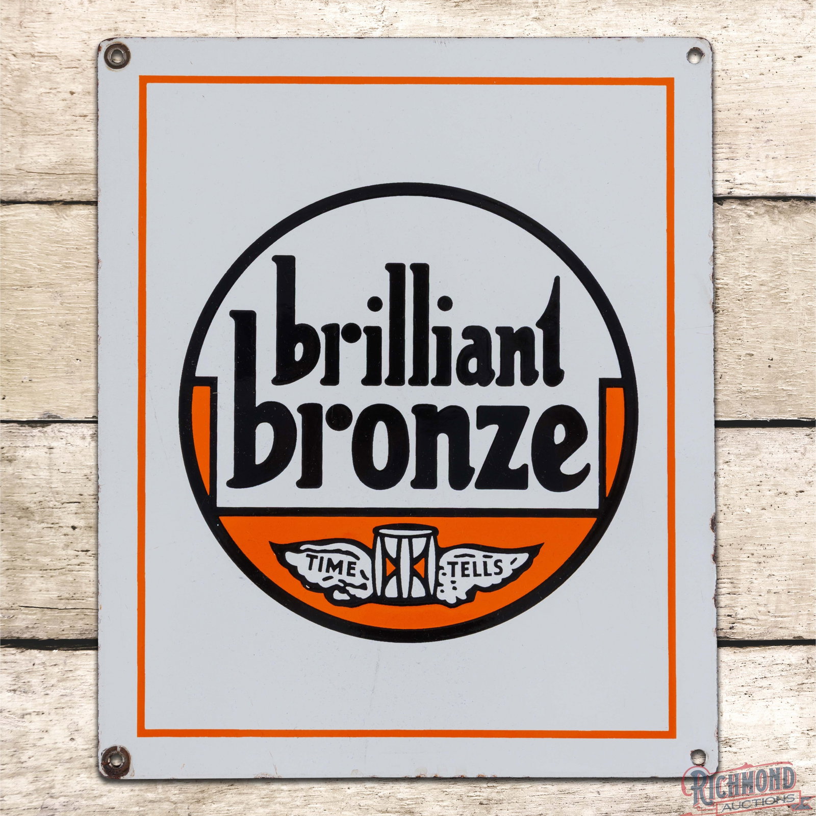 Rare Johnson Brilliant Bronze Gasoline SSP Pump Plate Sign w/ Logo "Time Tells": SSP pump plate has excellent color and gloss. The sign features classic Johnson colors with a Time Tells graphic in the center field. The display has minor surface imperfections. The perimeter has tin